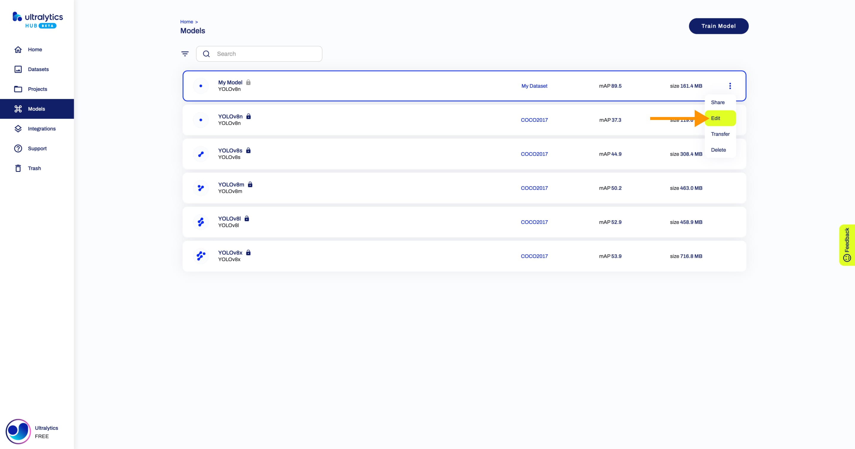 Ultralytics HUB screenshot of the Models page with an arrow pointing to the Edit option of one of the models