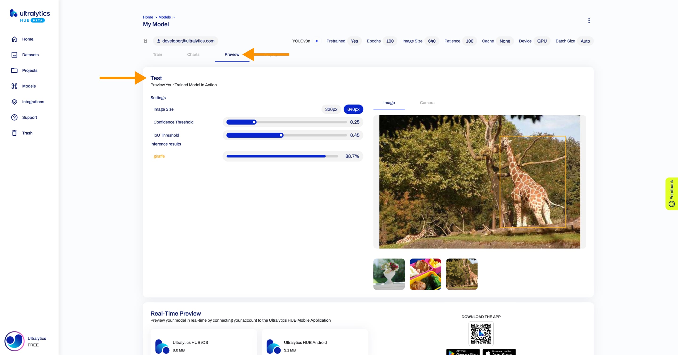 Ultralytics HUB screenshot of the Preview tab inside the Model page with an arrow pointing to Charts tab and one to the Test card