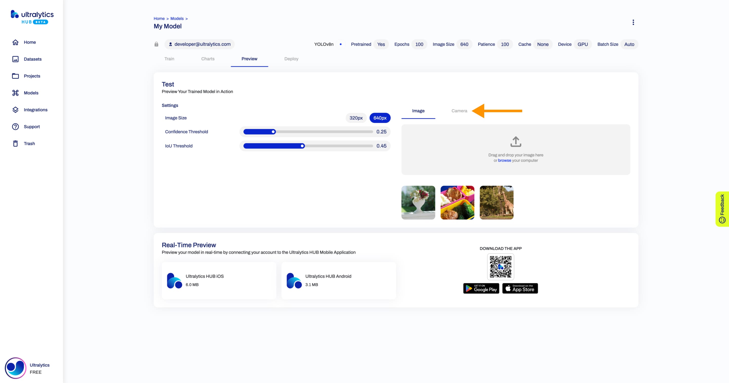 Ultralytics Capture d'écran HUB de l'onglet Aperçu à l'intérieur de la page Modèle avec une flèche pointant vers l'onglet Appareil photo à l'intérieur de la carte Test.
