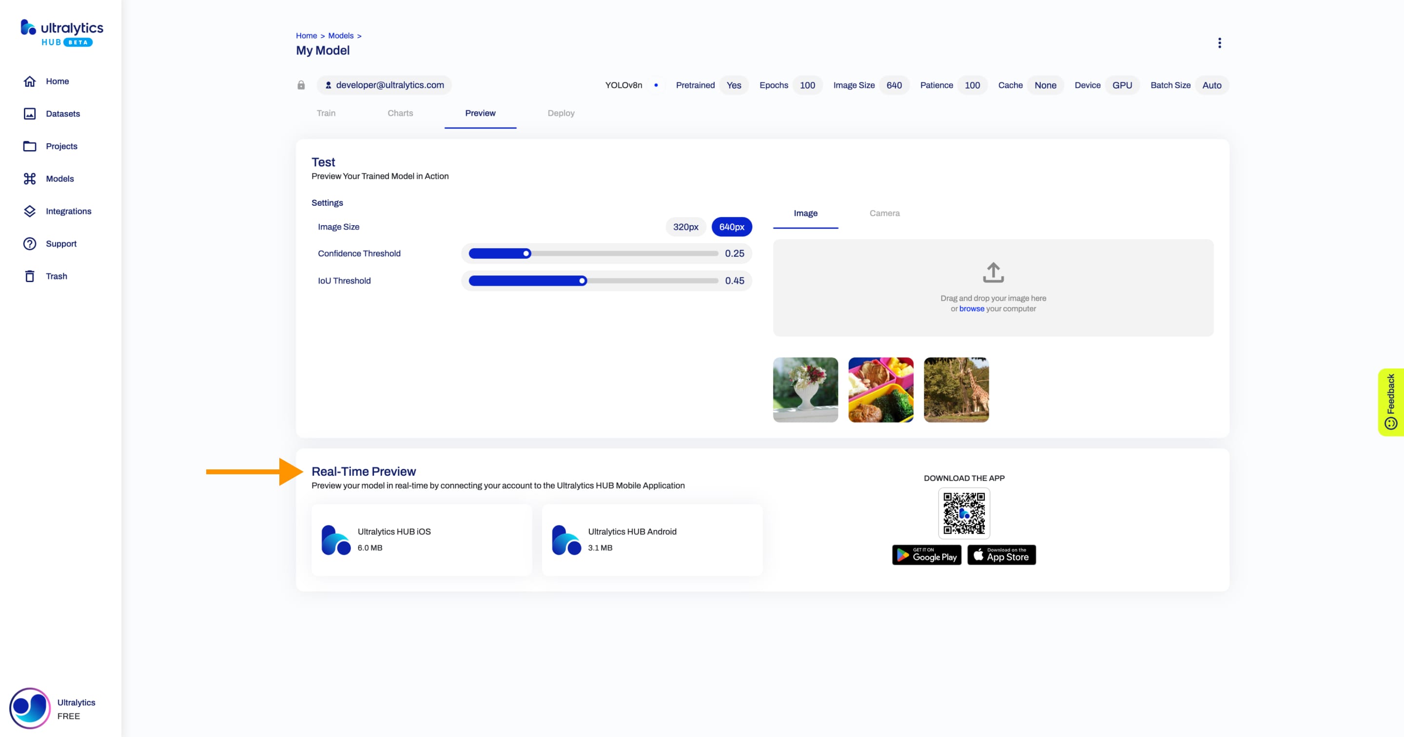 Ultralytics Captura de ecrã do HUB do separador Implementar na página Modelo com a seta a apontar para o cartão Pré-visualização em tempo real