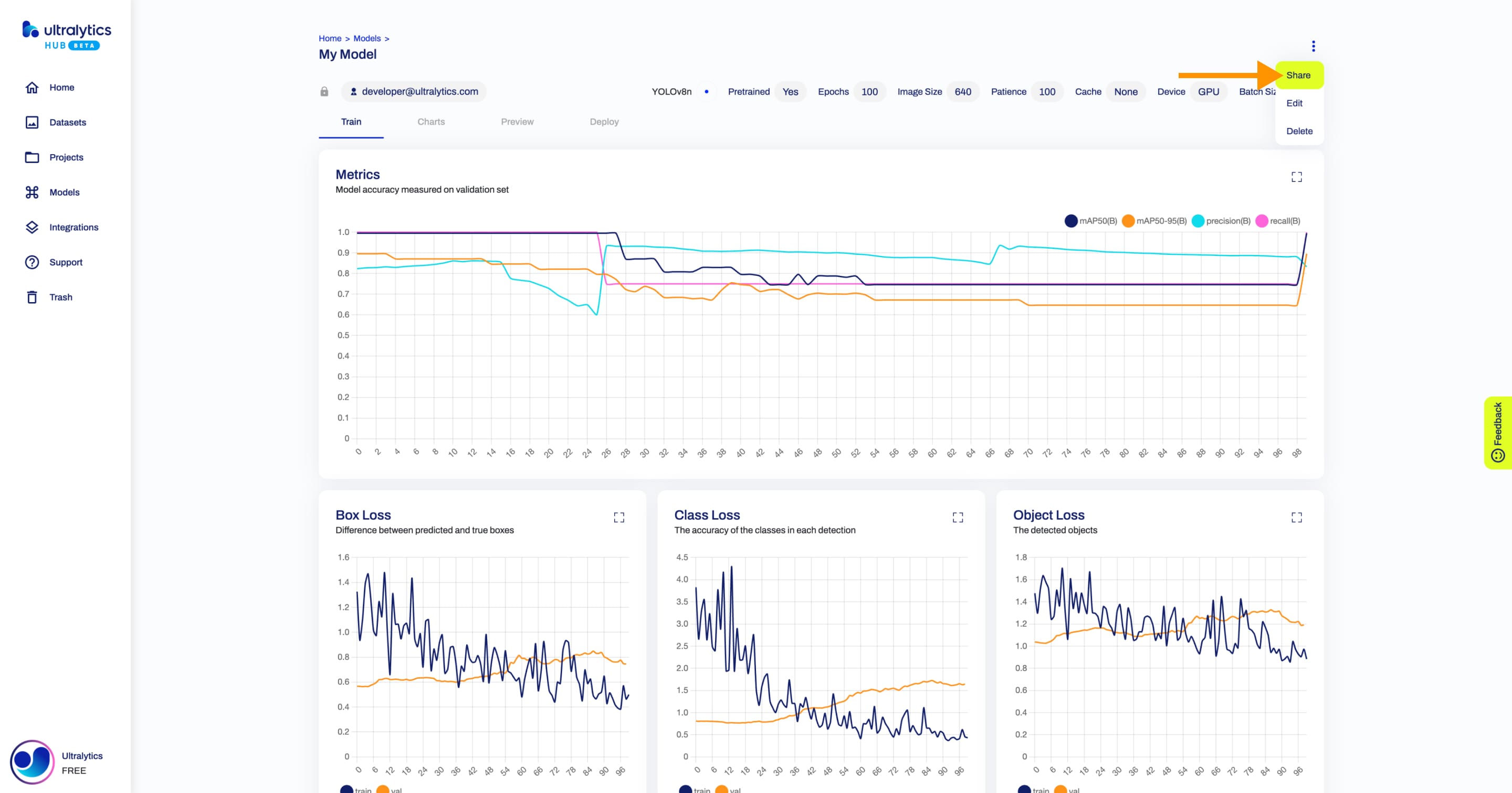 Ultralytics Captura de ecrã do HUB da página Modelo com uma seta a apontar para a opção Partilhar