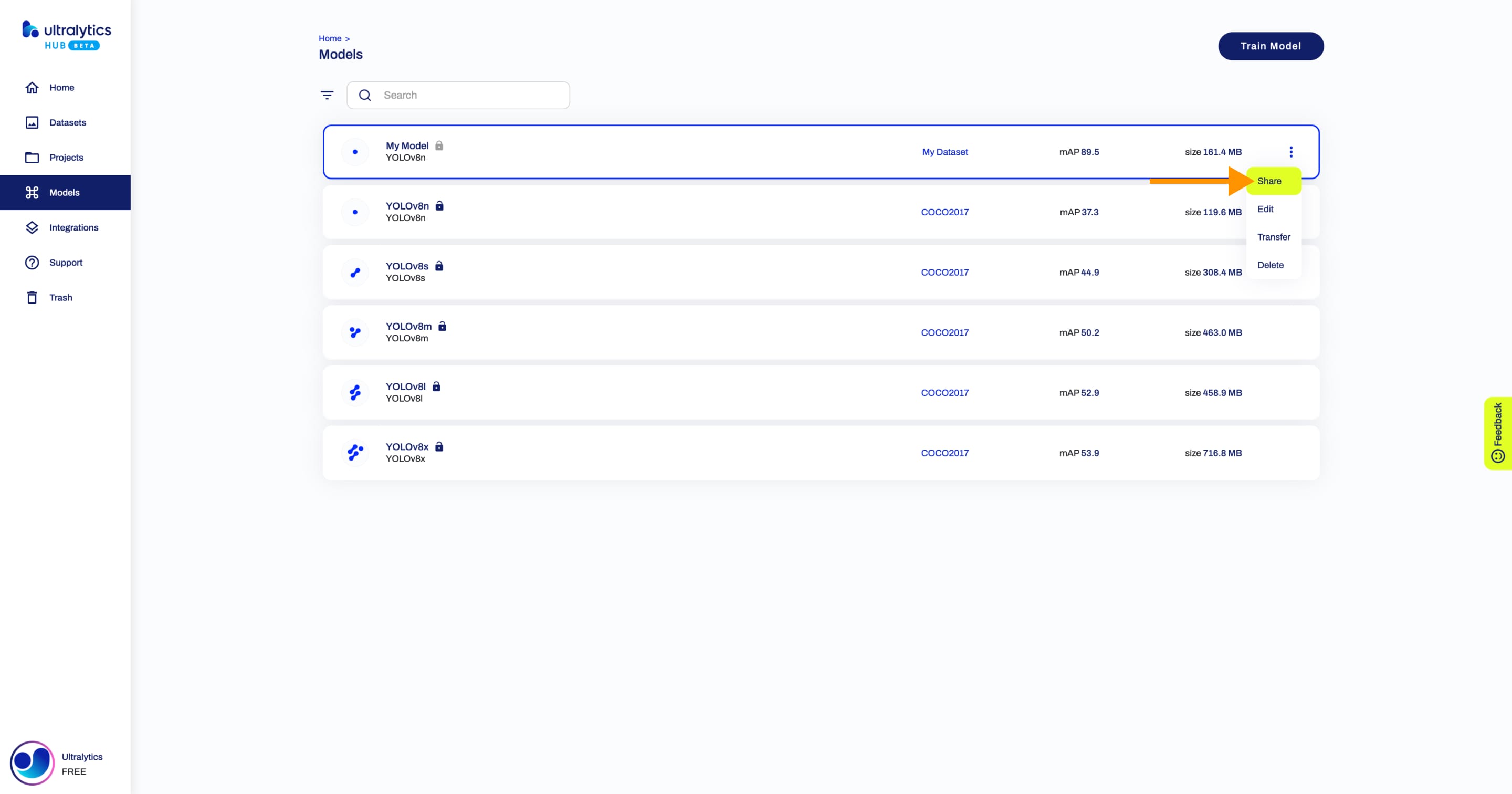 Ultralytics HUB screenshot of the Models page with an arrow pointing to the Share option of one of the models