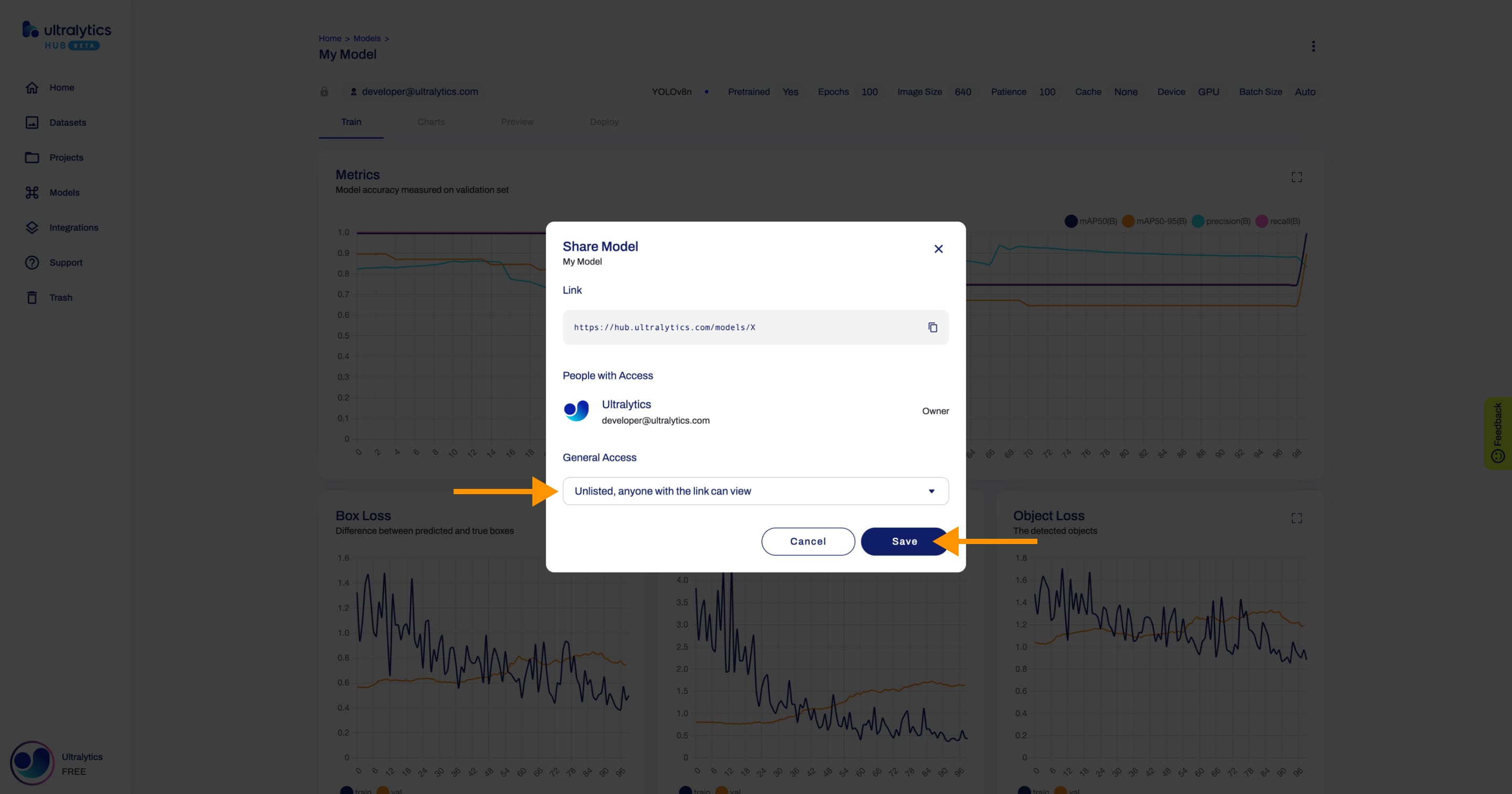 Ultralytics ドロップダウンを指す矢印と保存ボタンを指す矢印がある共有モデルダイアログのHUBスクリーンショット