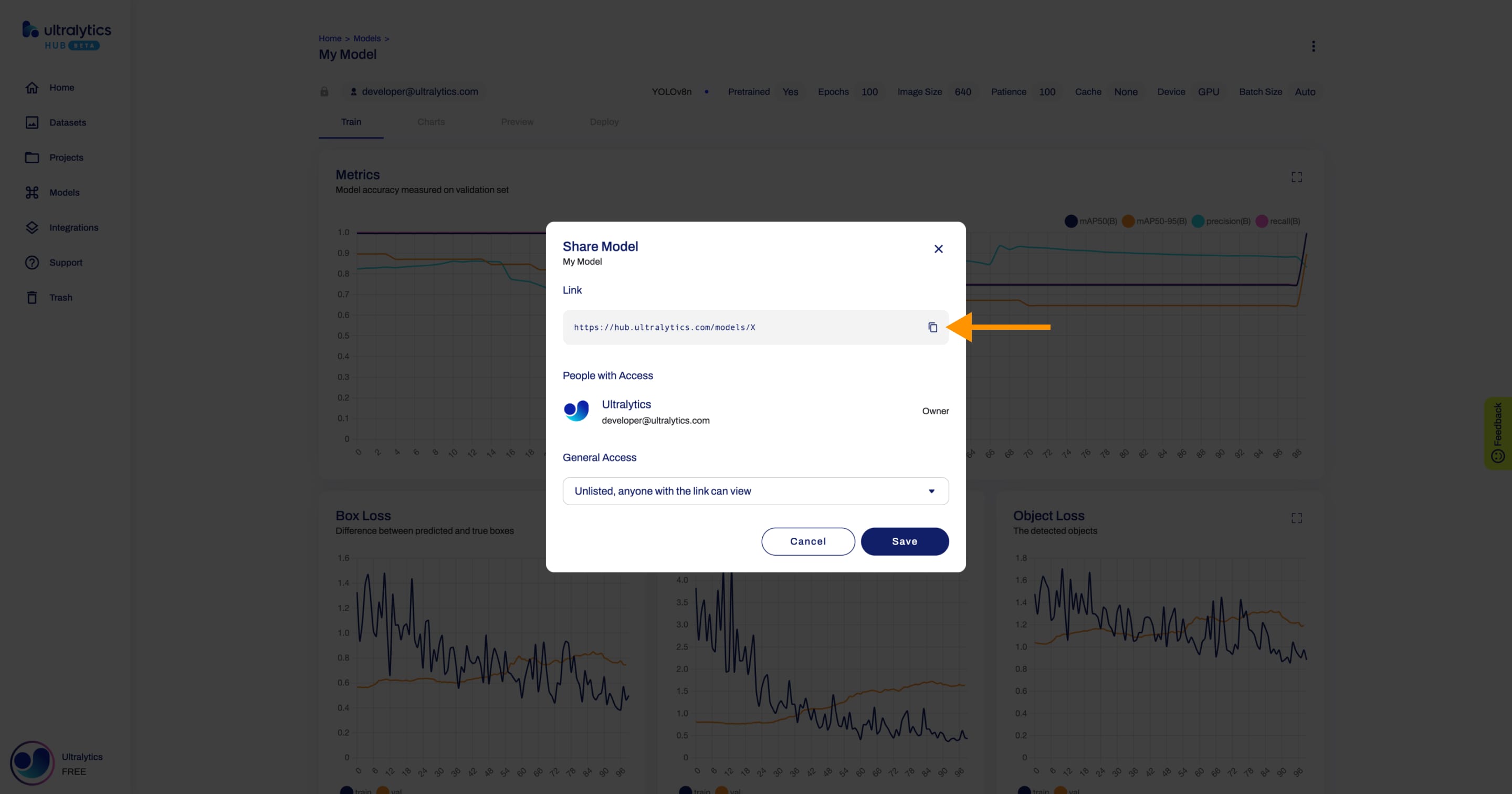 Ultralytics Скриншот HUB с диалоговым окном Share Model со стрелкой, указывающей на ссылку модели