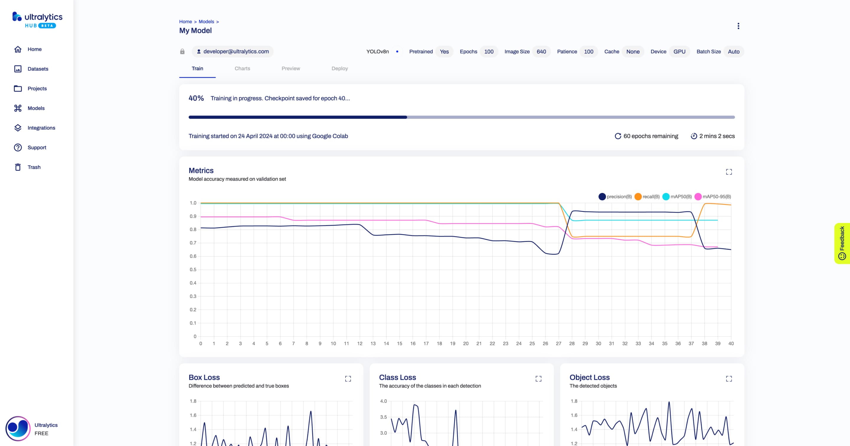 Ultralytics HUB screenshot of the Model page of a model that is currently training