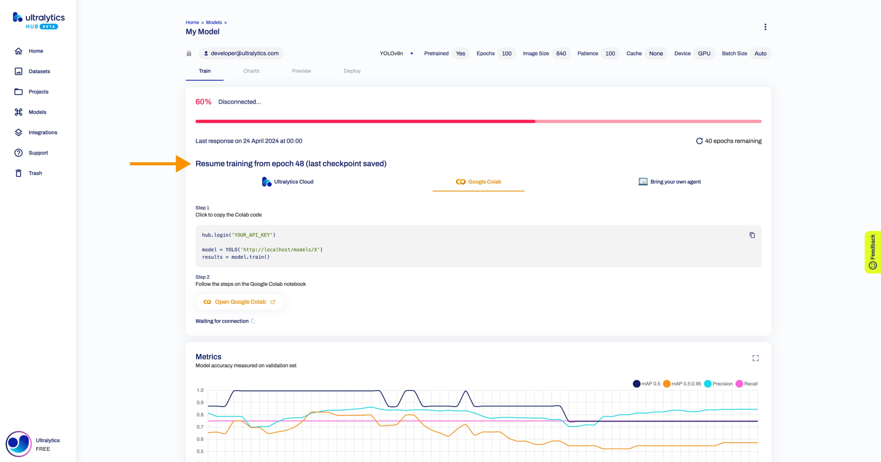 Ultralytics HUB screenshot of the Model page with an arrow pointing to the Resume Training card