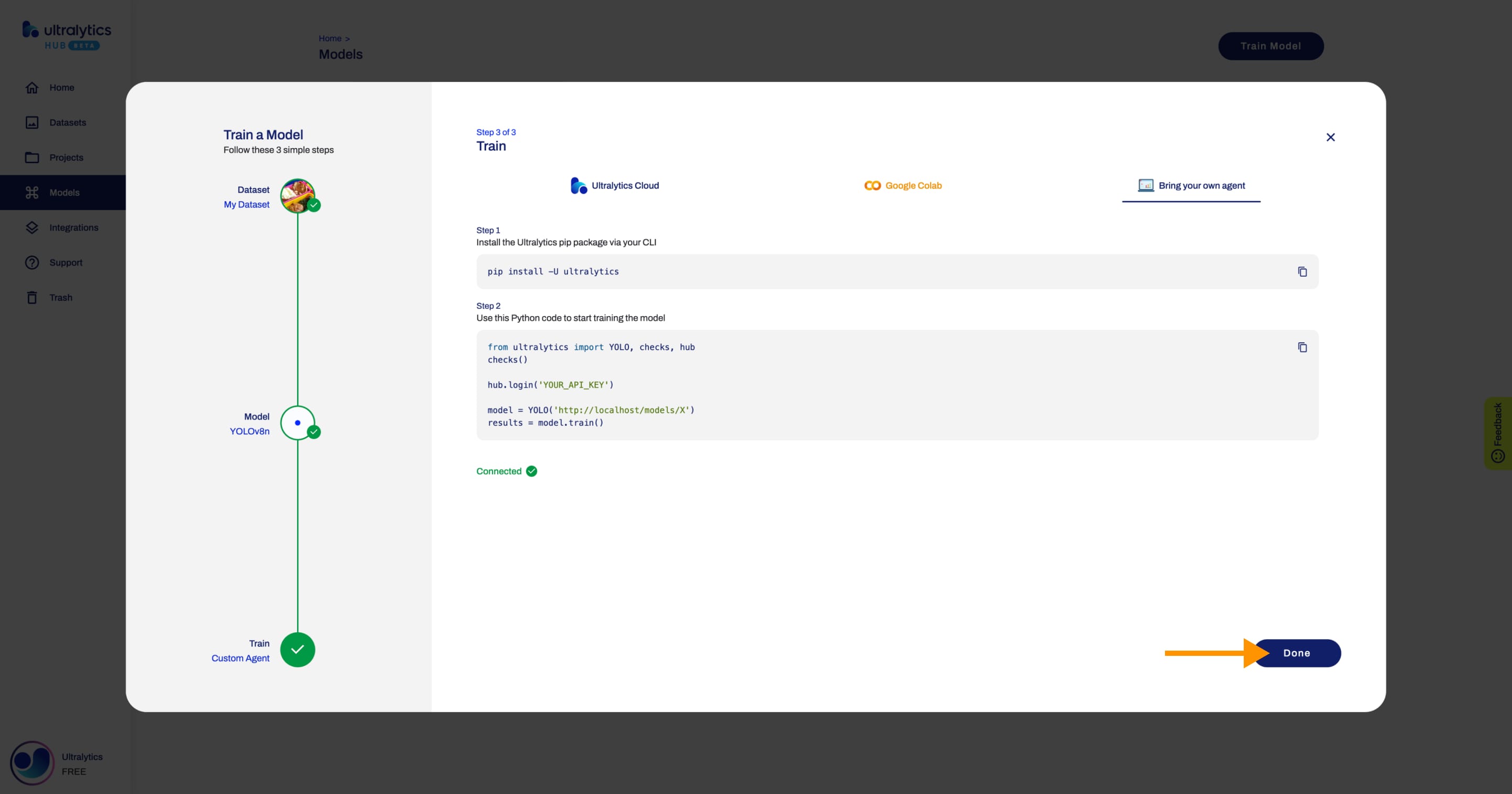 Ultralytics HUB screenshot of the Model page of a model that is currently training