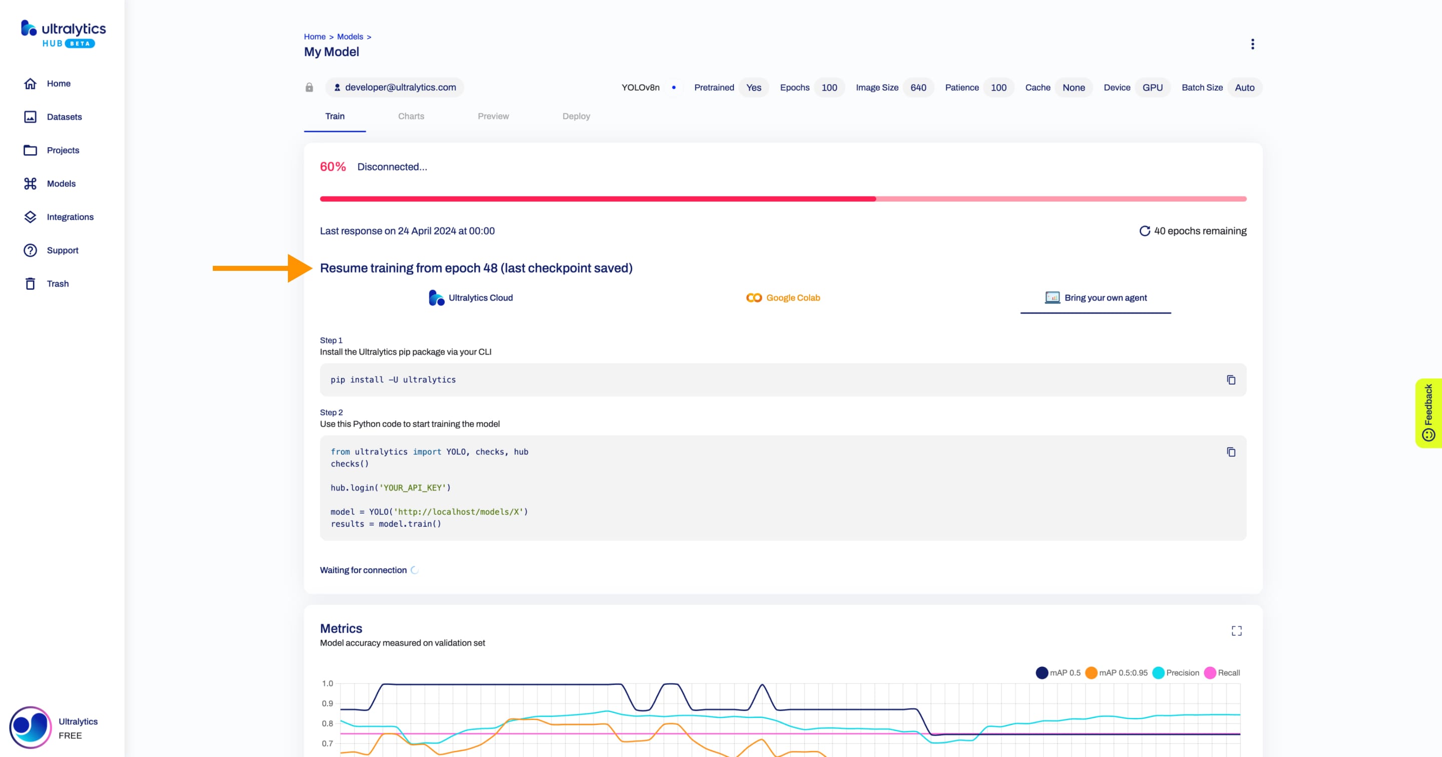 Ultralytics HUB screenshot of the Model page with an arrow pointing to the Resume Training card