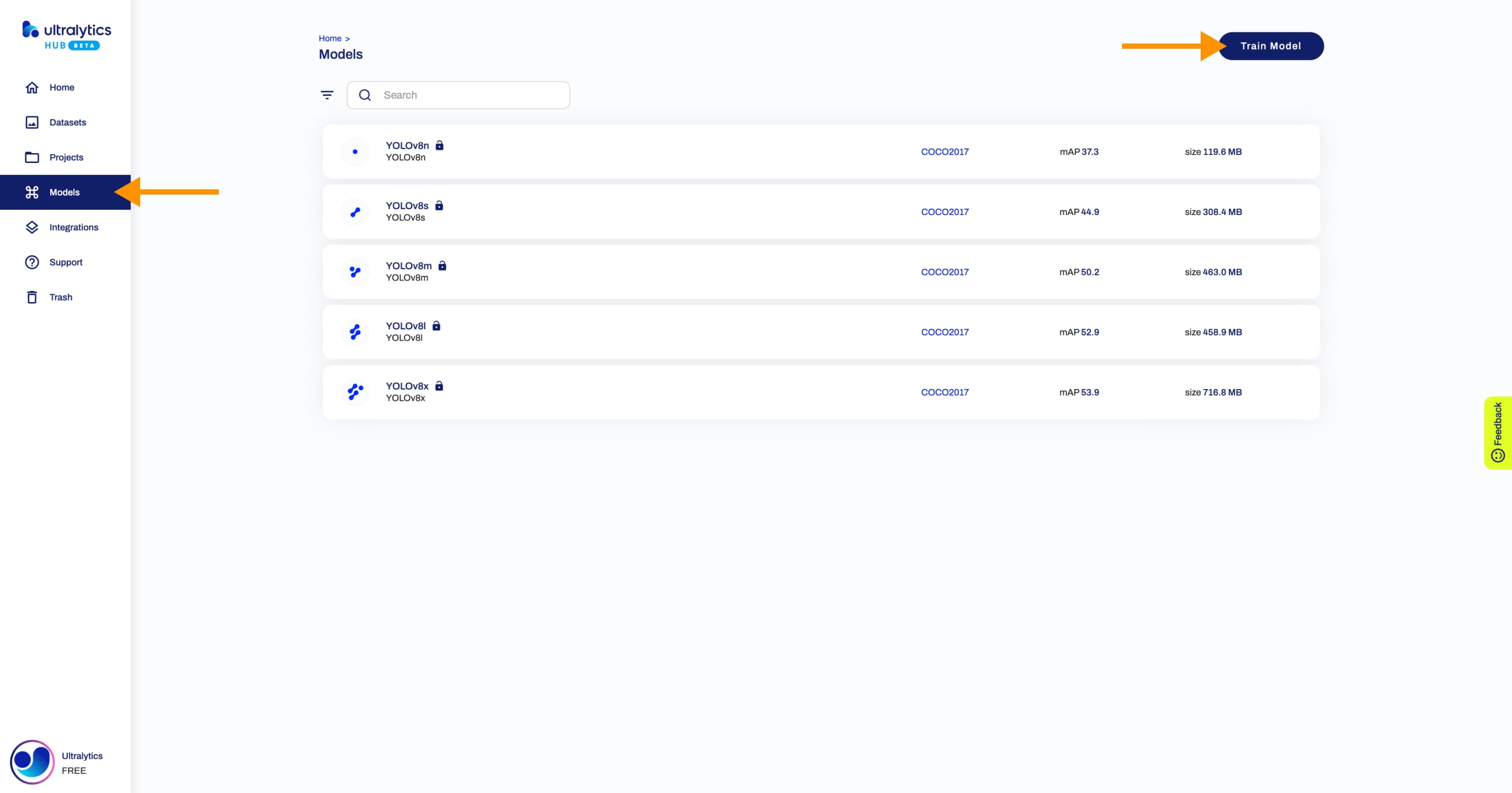 Ultralytics 模型 "页面的 HUB 截图，箭头指向侧边栏中的 "模型 "按钮和 "火车模型 "按钮