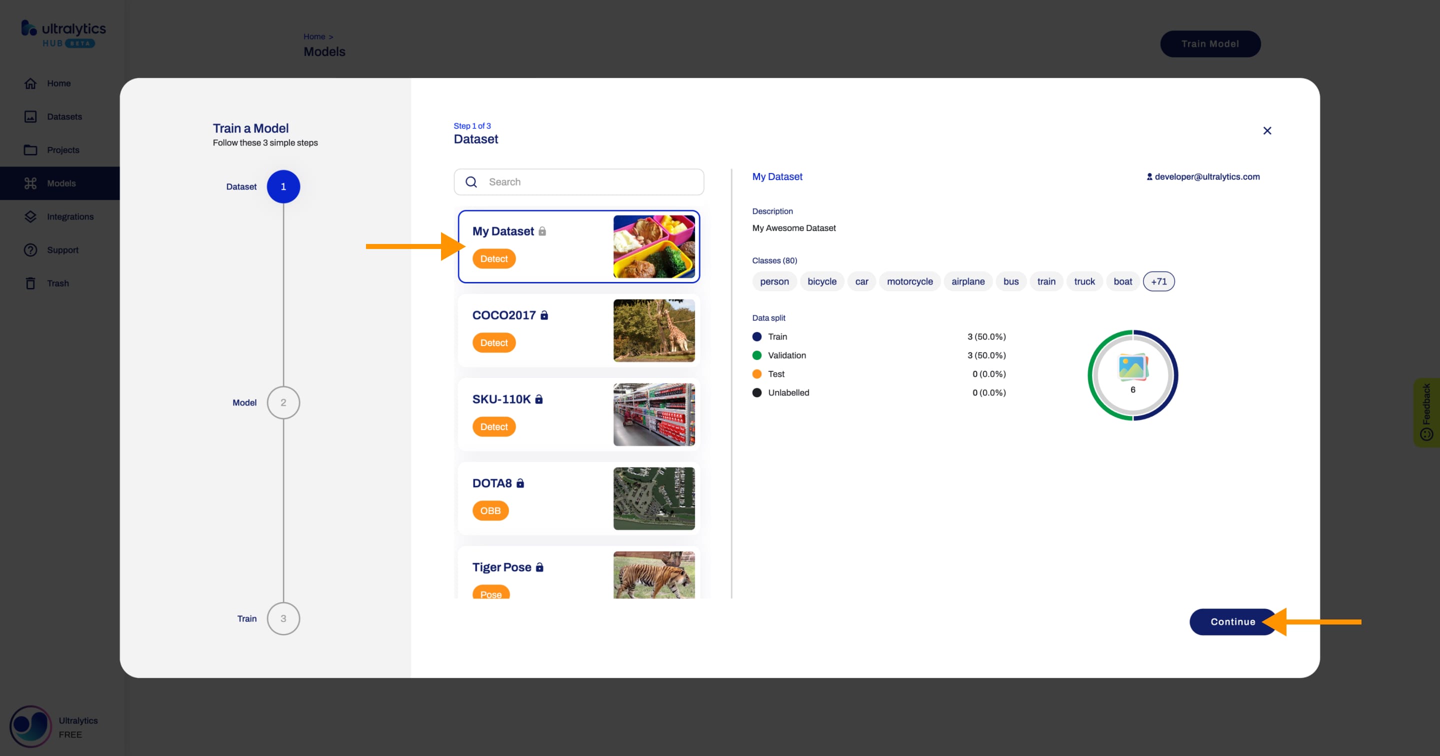 Ultralytics HUB screenshot of the Train Model dialog with an arrow pointing to a dataset and one to the Continue button