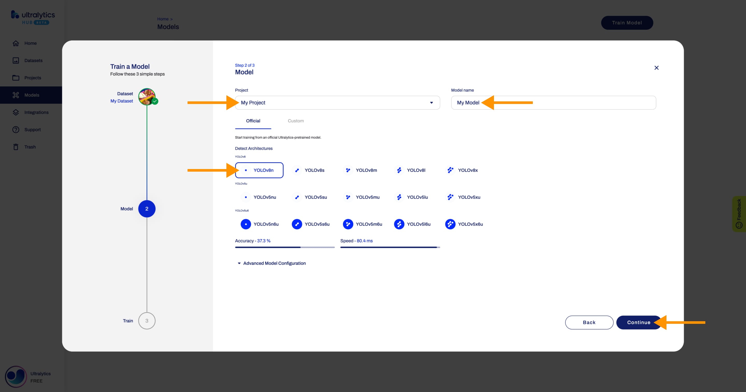 Ultralytics HUB screenshot of the Train Model dialog with arrows pointing to the project dropdown, model name and Continue button