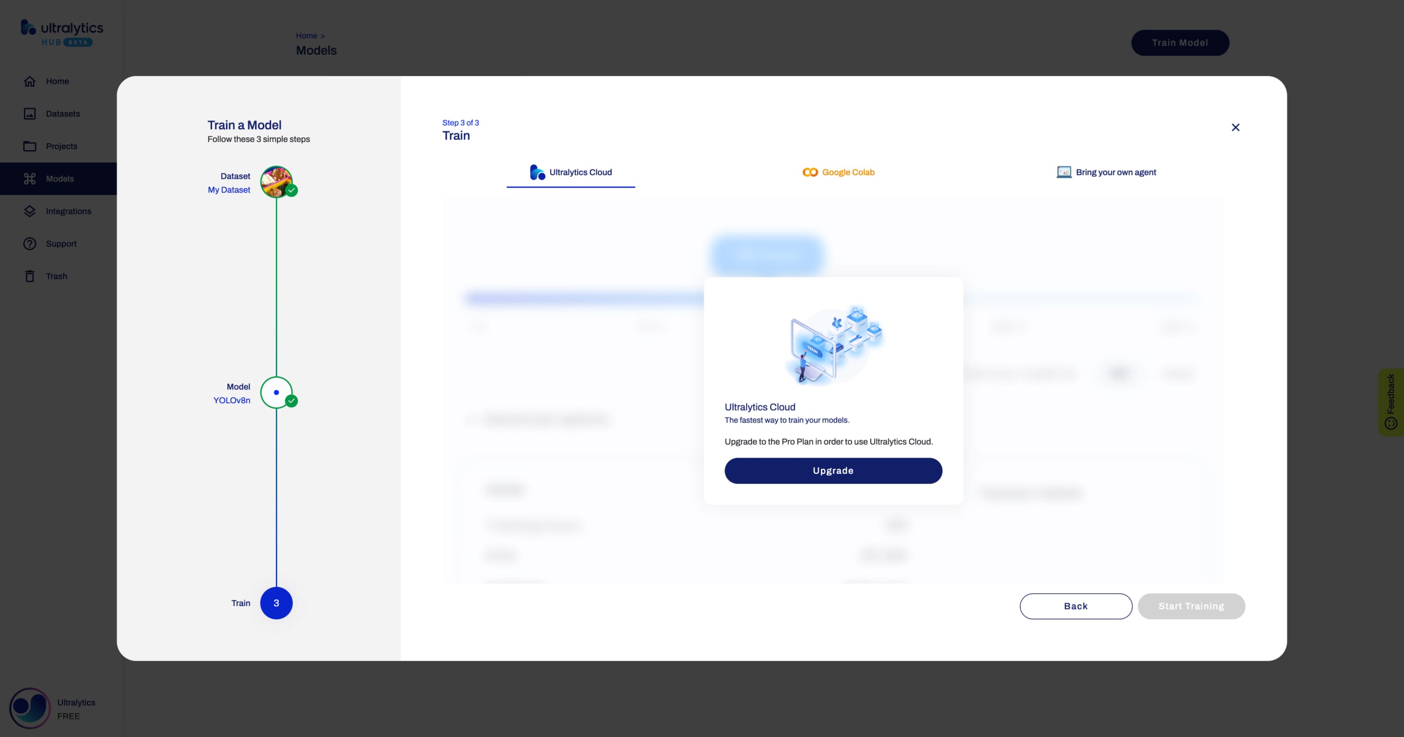 Ultralytics HUB-Bildschirmfoto des Dialogs Zugmodell