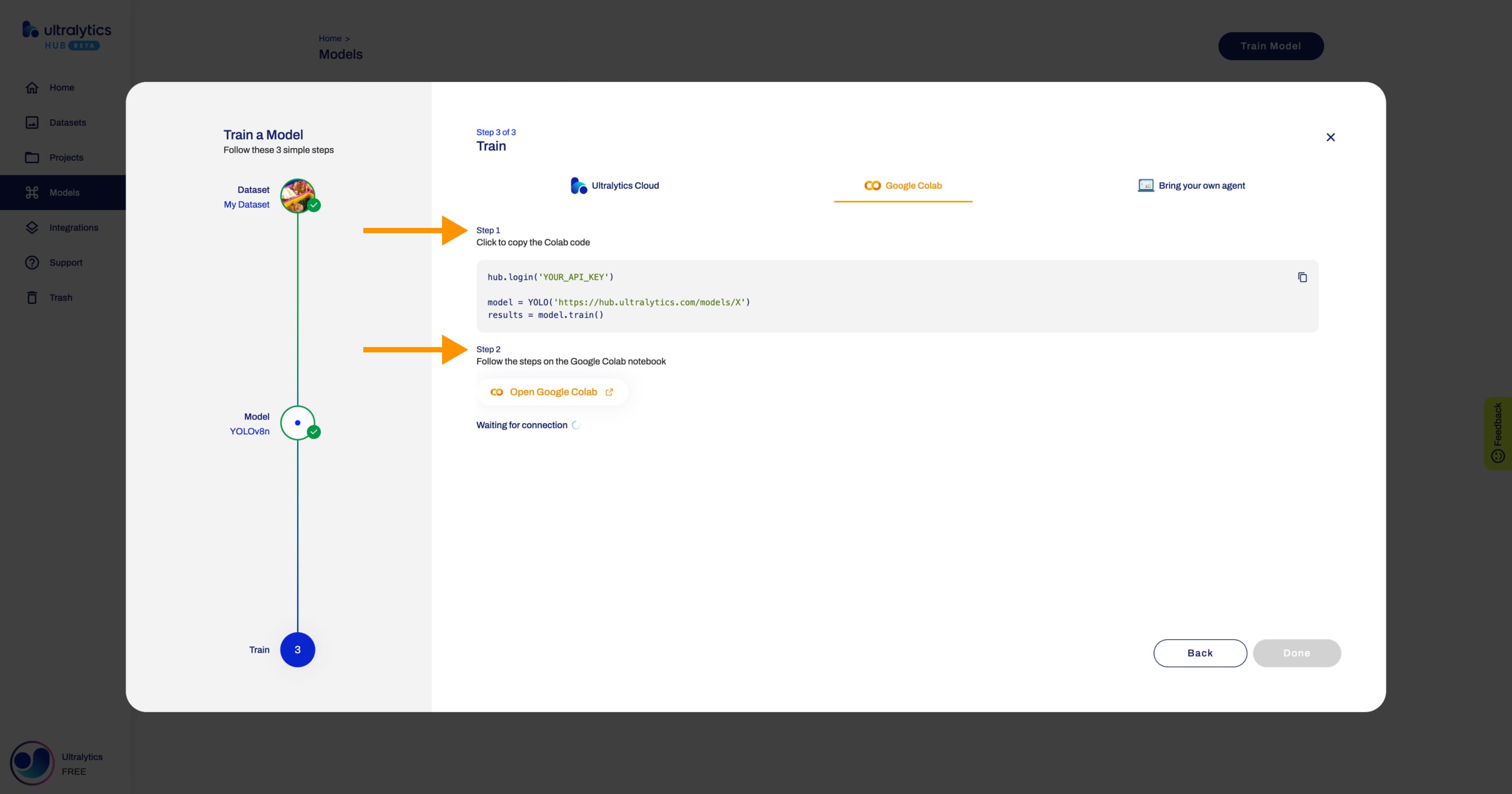 Ultralytics HUB screenshot of the Train Model dialog with an arrow pointing to a model architecture and one to the Continue button