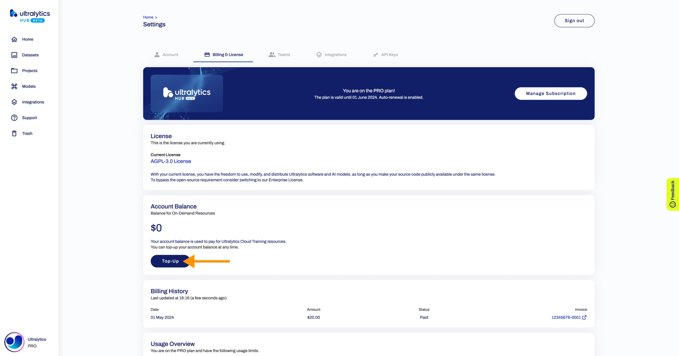 Ultralytics Captura de ecrã do HUB da página Definições, separador Faturação e licenças, com uma seta a apontar para o botão Top-Up