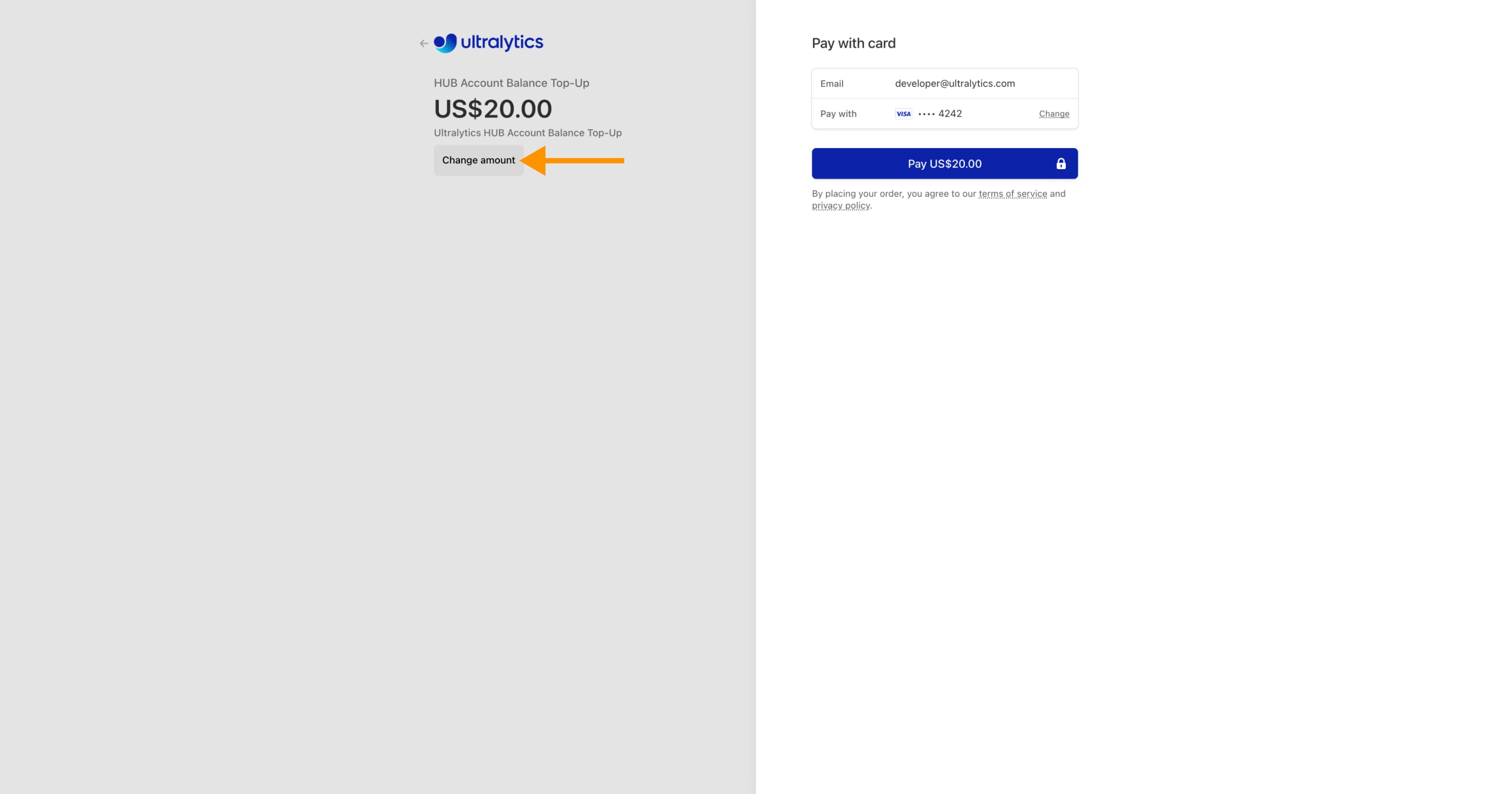 Ultralytics Tutarı değiştir düğmesini gösteren bir ok ile Ödeme işleminin HUB ekran görüntüsü