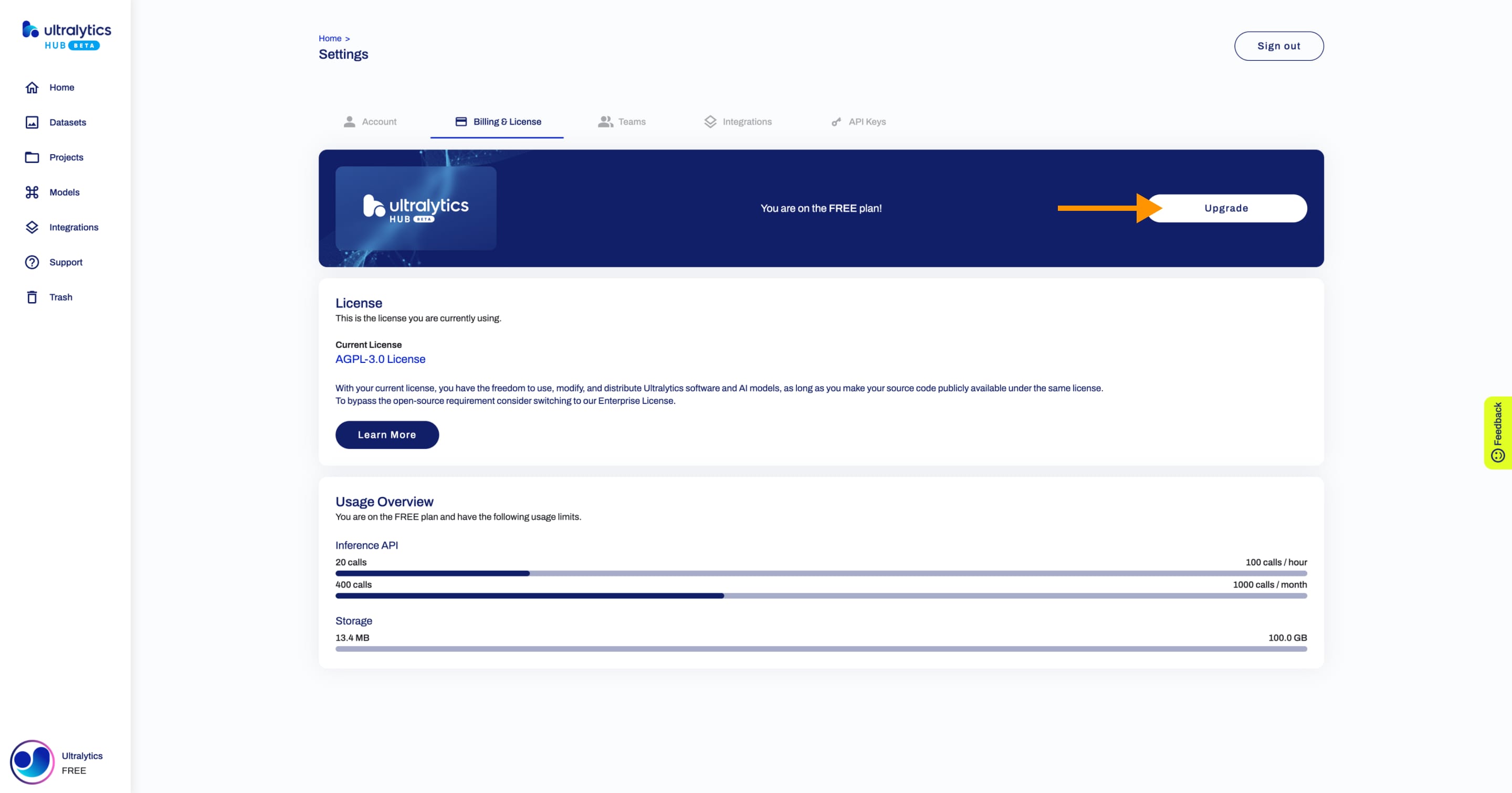 Ultralytics 设置页面账单和许可证选项卡的 HUB 截图，箭头指向升级按钮