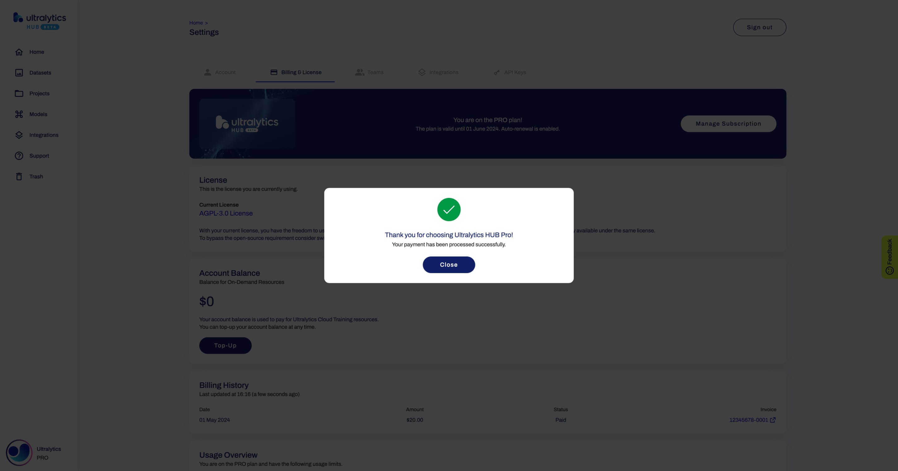 Ultralytics HUBの「Payment Successful」ダイアログのスクリーンショット