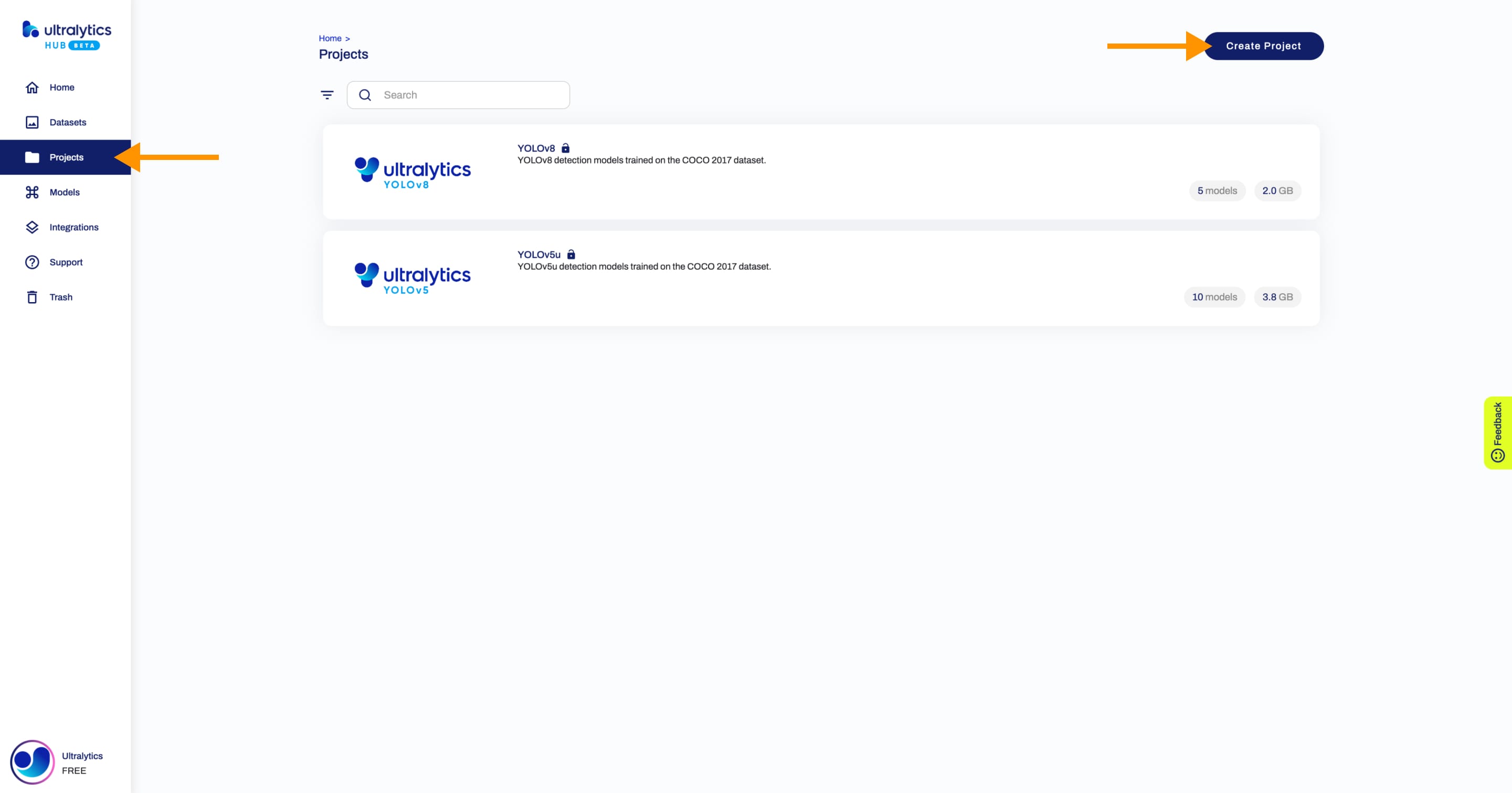 Ultralytics HUB screenshot of the Projects page with an arrow pointing to the Projects button in the sidebar and one to the Create Project button