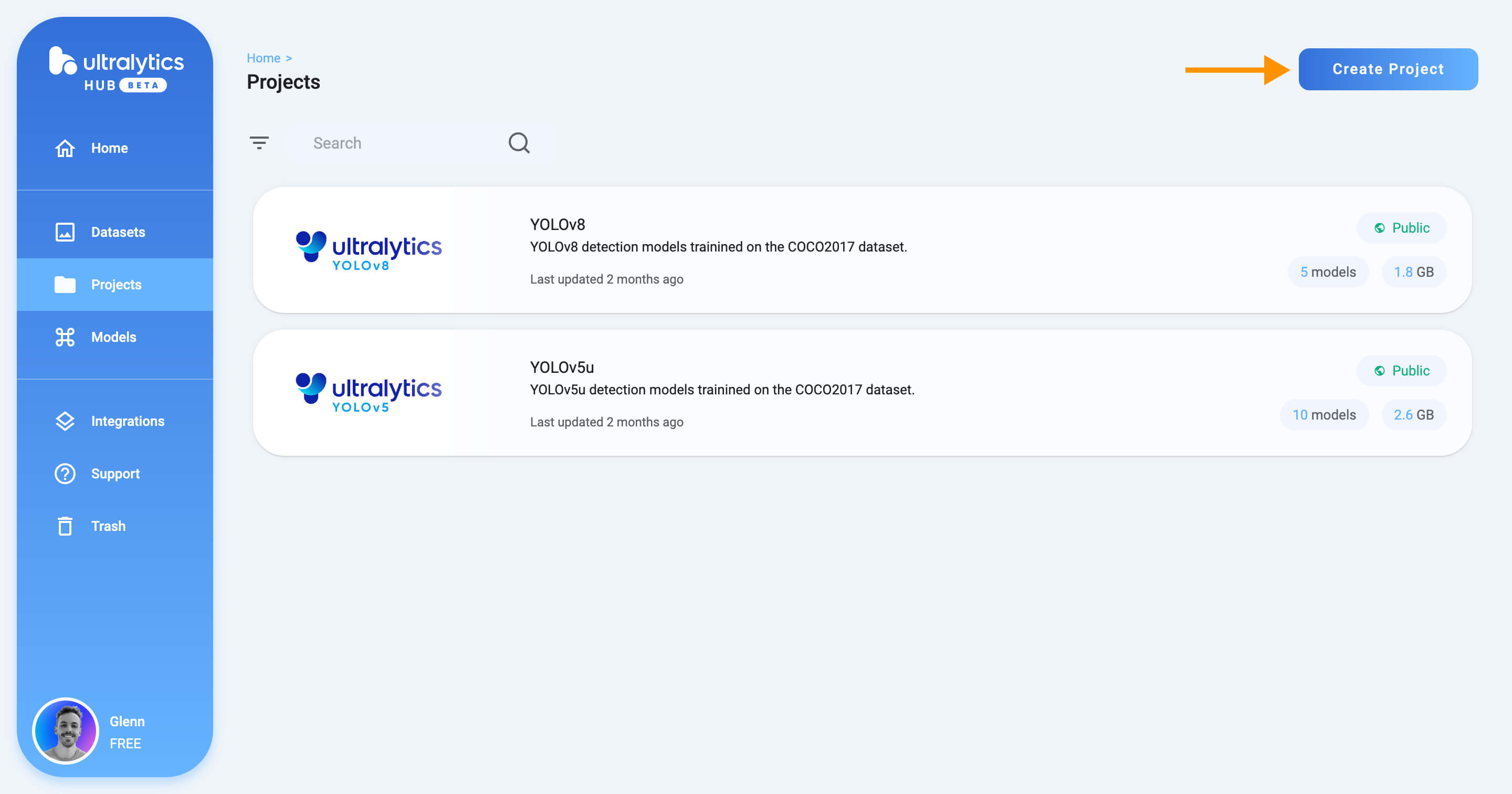 Ultralytics HUB Screenshot der Seite Projekte mit einem Pfeil, der auf die SchaltflÃ¤che Projekt erstellen zeigt