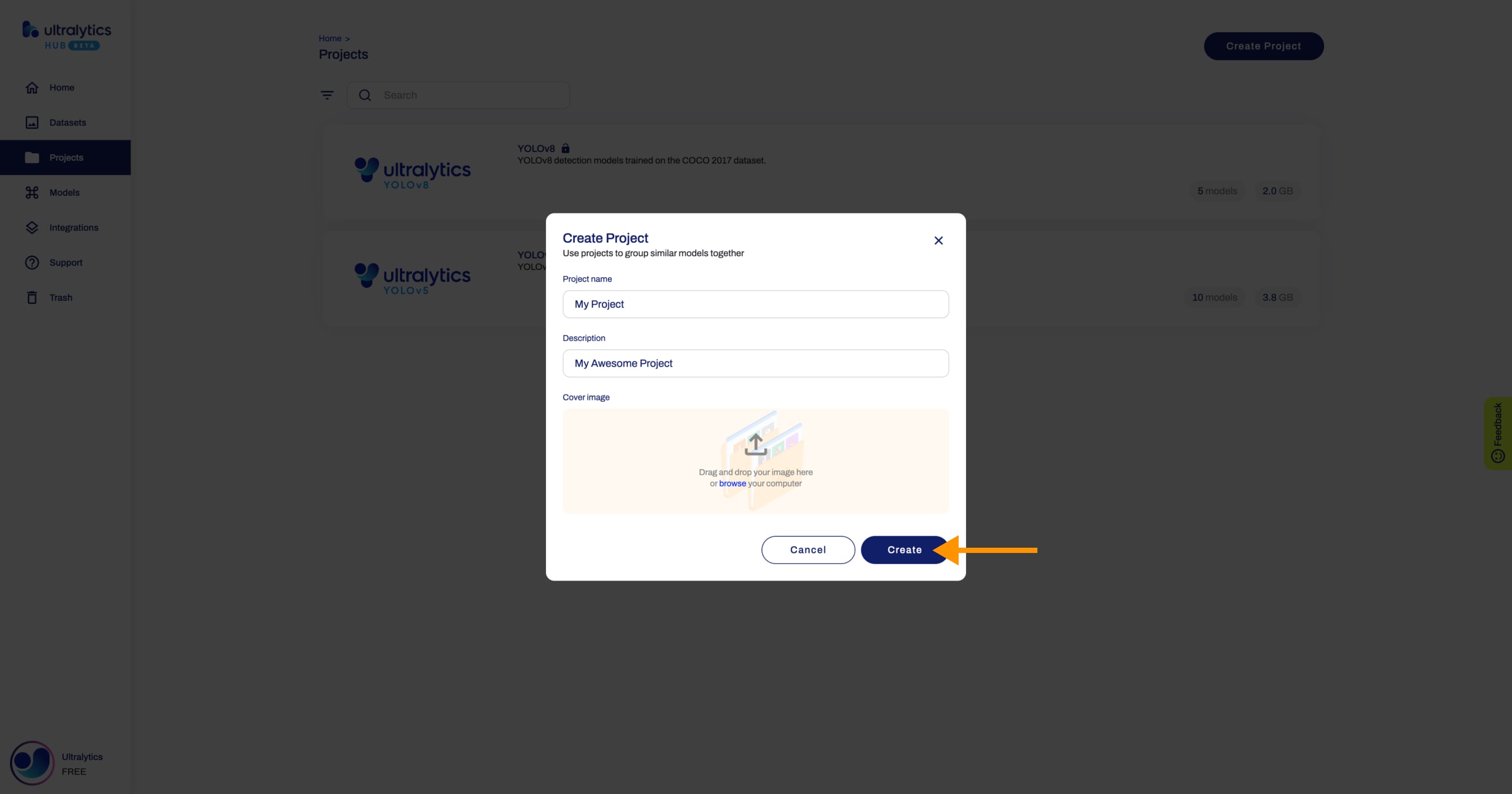 Ultralytics HUB screenshot of the Create Project dialog with an arrow pointing to the Create button