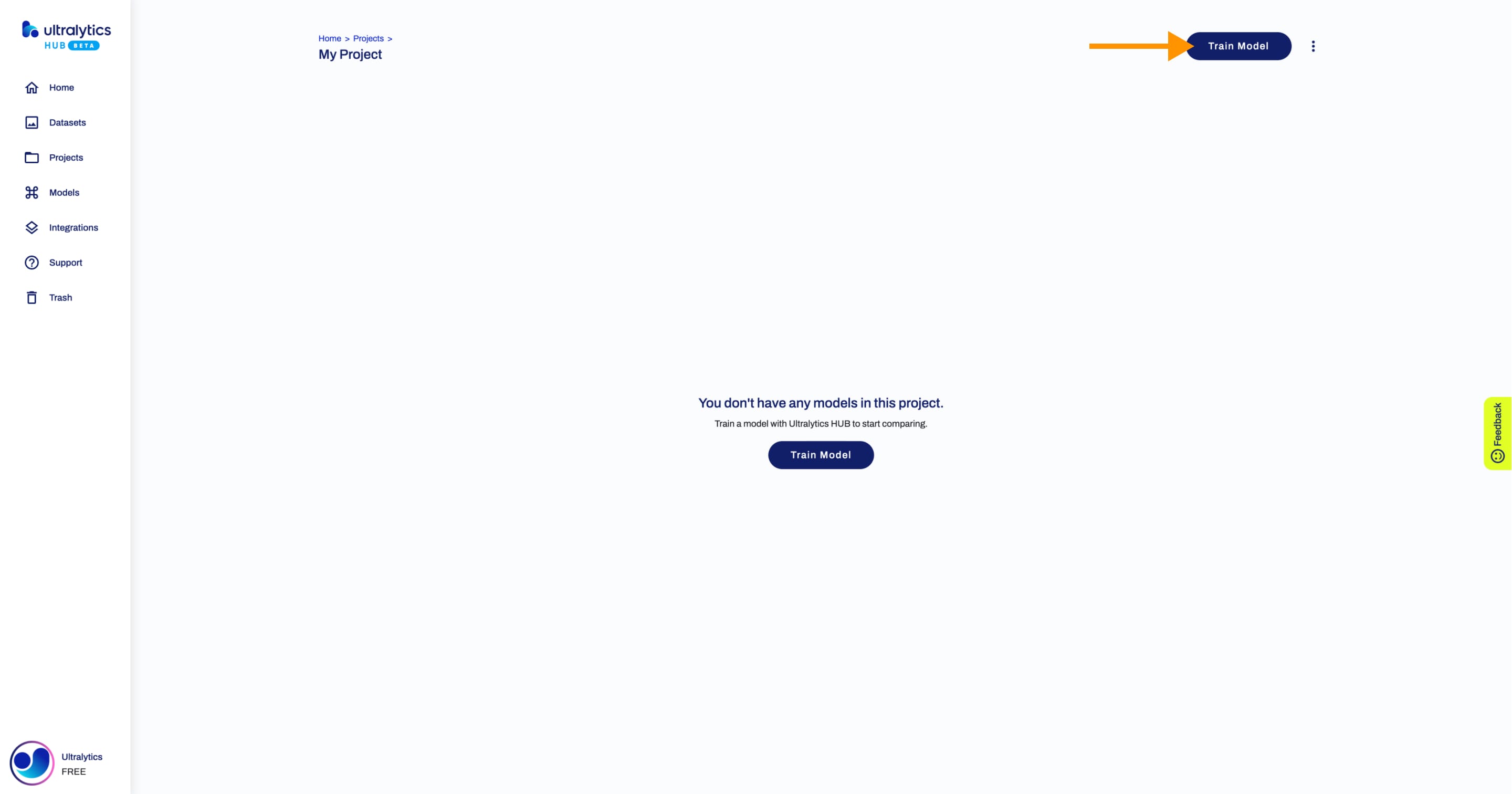 Ultralytics HUB screenshot of the Project page with an arrow pointing to the Train Model button