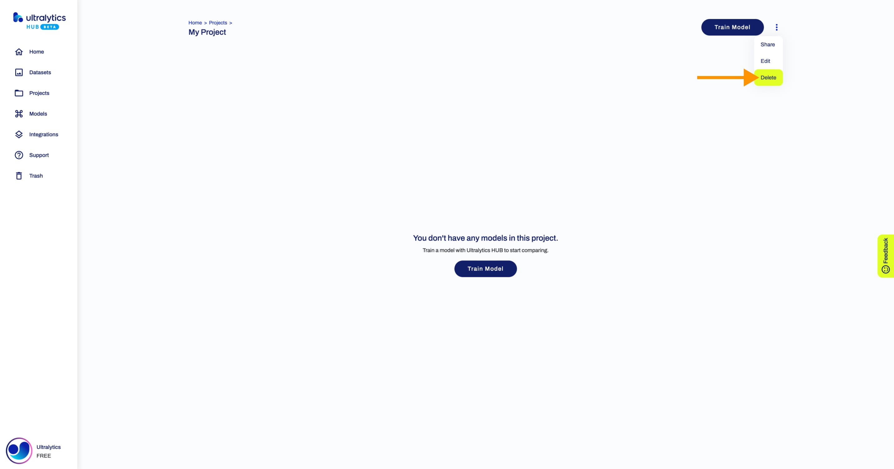 Ultralytics HUB screenshot of the Project page with an arrow pointing to the Delete option