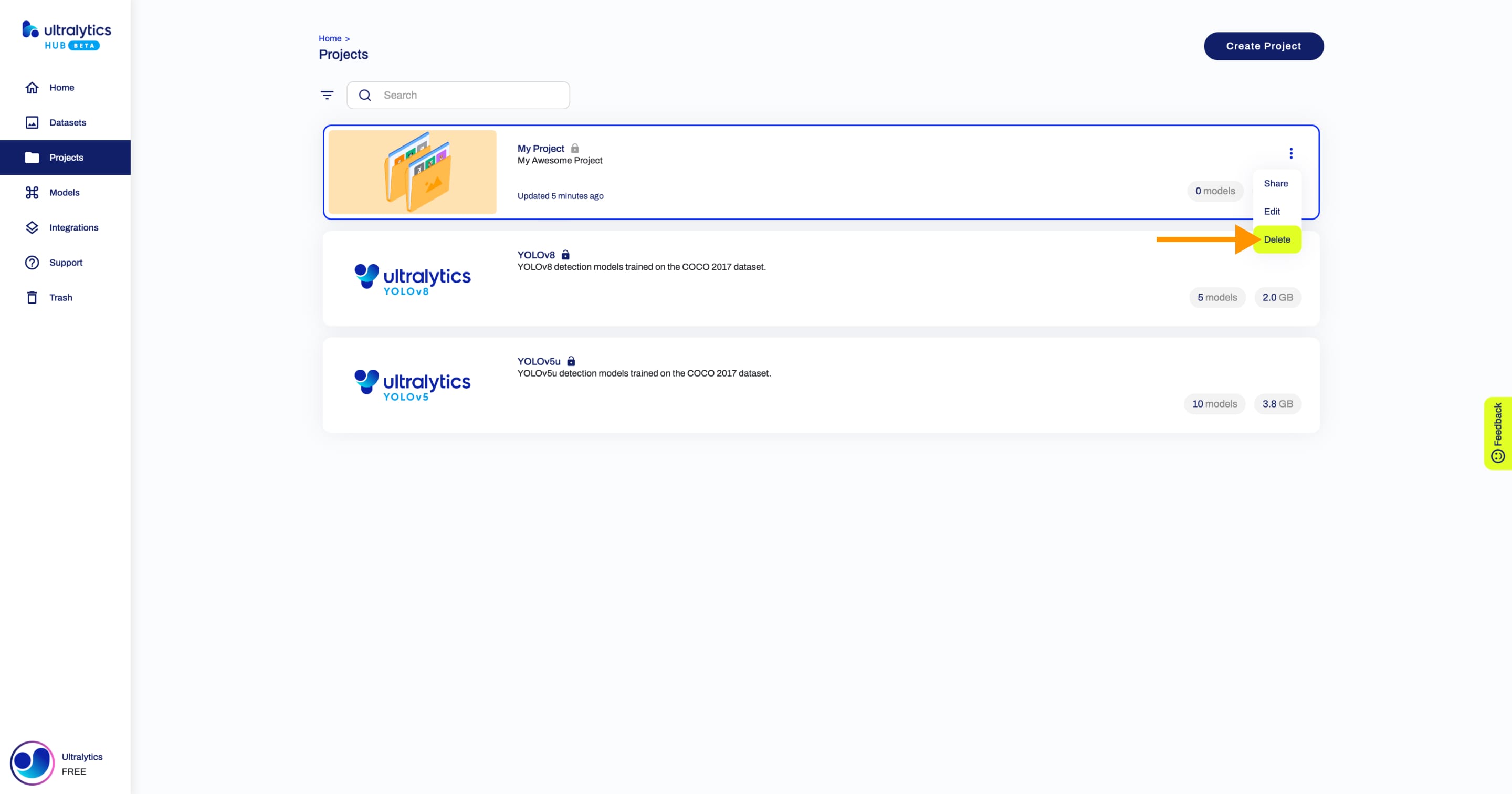 Ultralytics HUB screenshot of the Projects page with an arrow pointing to the Delete option of one of the projects