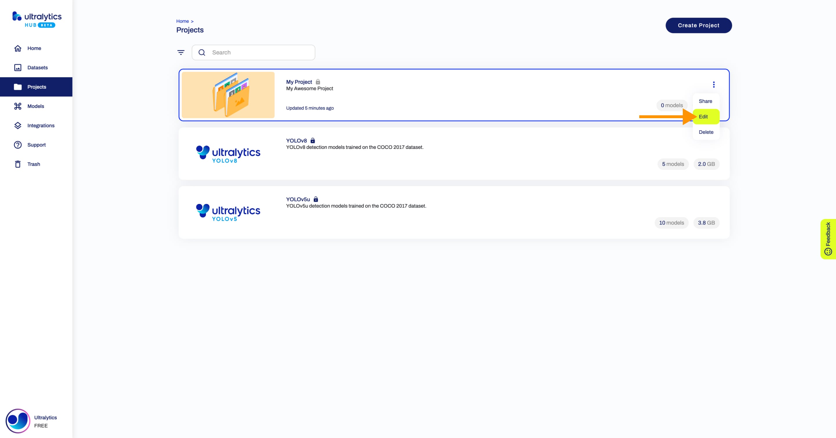 Ultralytics Capture d'écran HUB de la page Projets avec une flèche pointant vers l'option Modifier de l'un des projets.