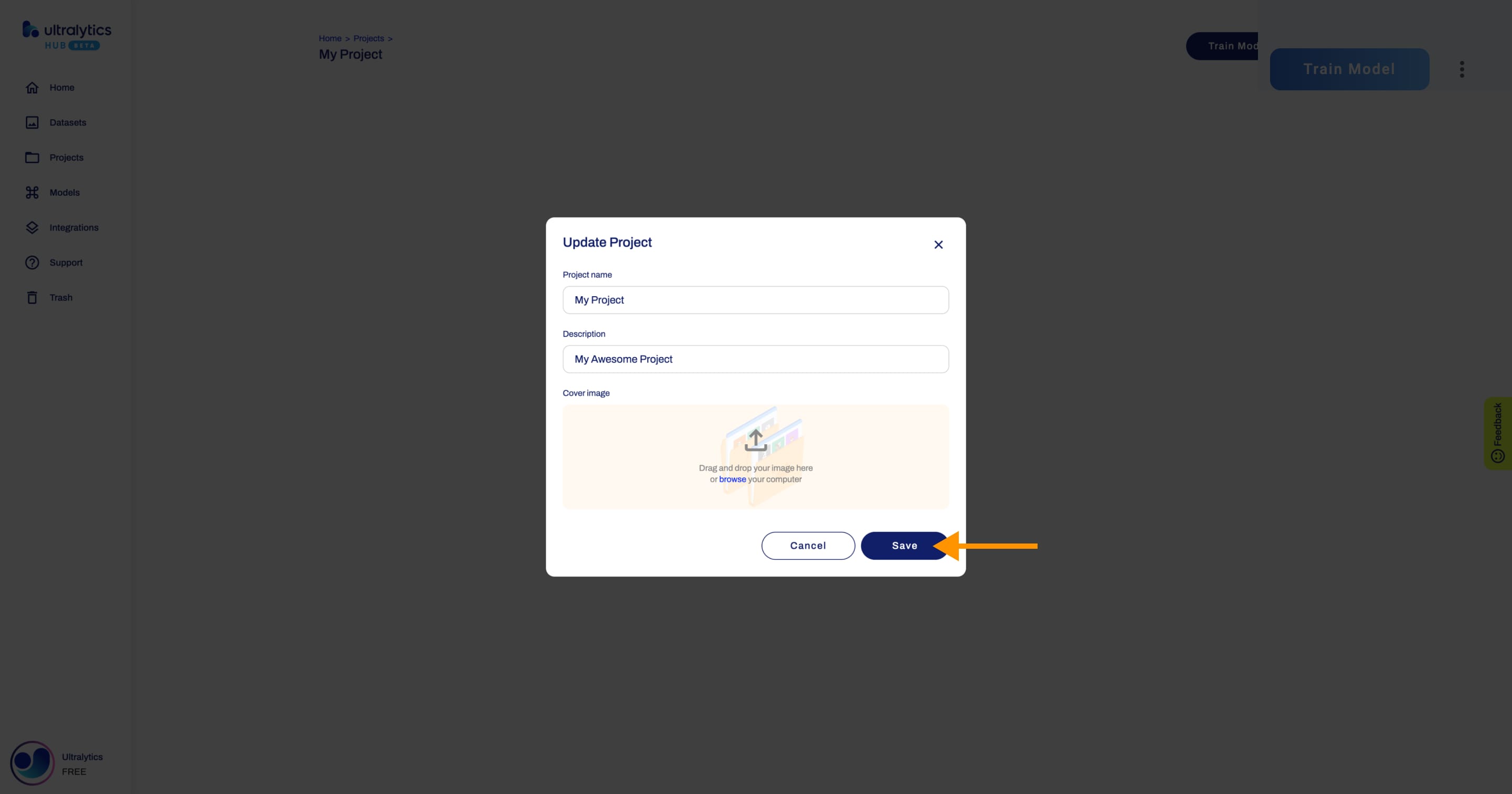 Ultralytics لقطة شاشة HUB لمربع الحوار "تحديث المشروع" مع سهم يشير إلى الزر "حفظ"