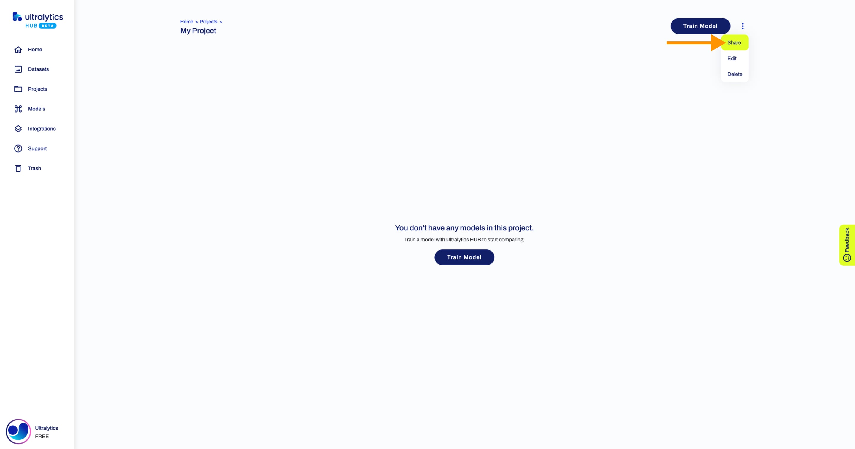 Ultralytics HUB-Screenshot der Projektseite mit einem Pfeil, der auf die Option "Teilen" zeigt