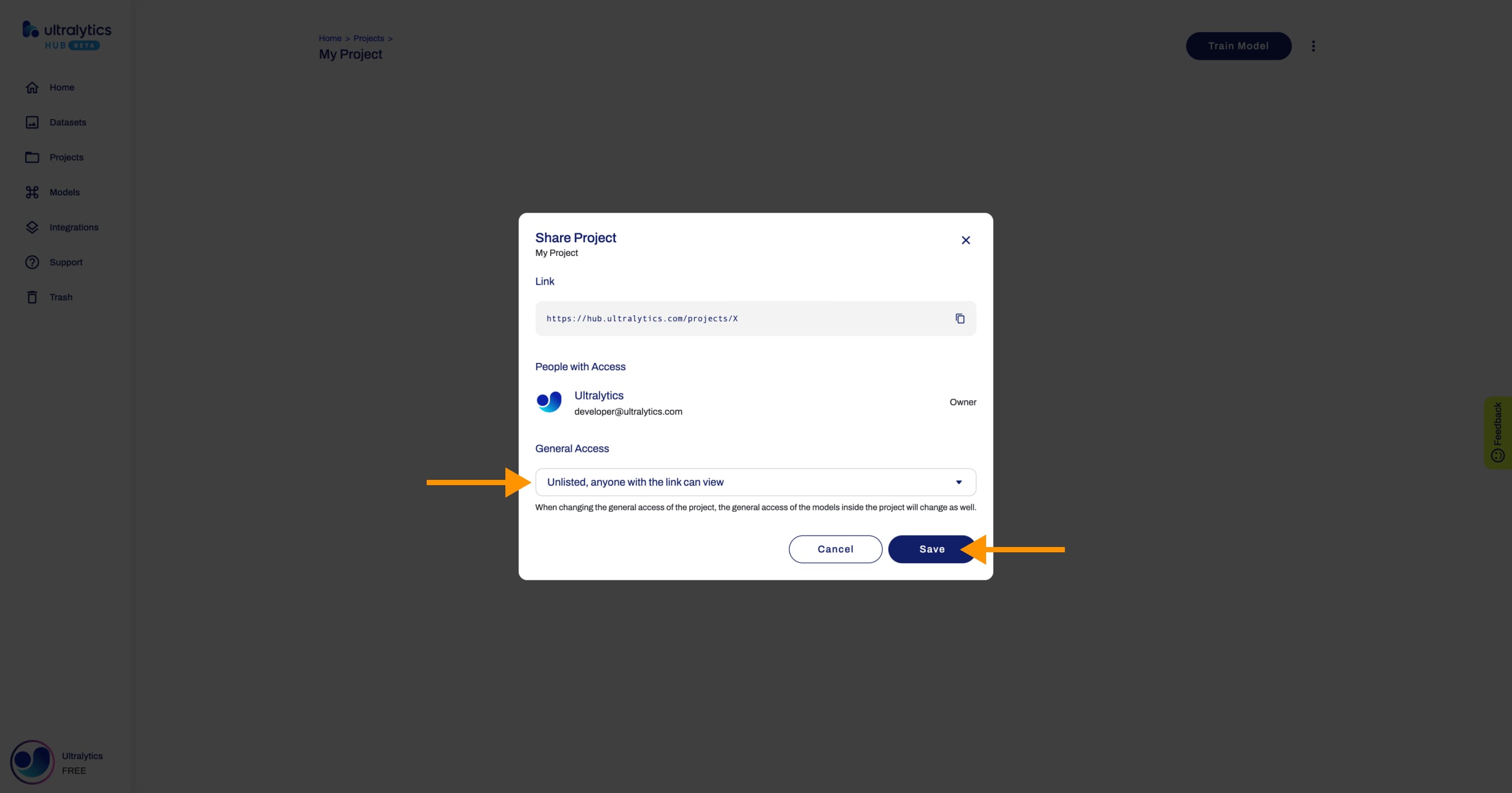 Ultralytics 드롭다운을 가리키는 화살표와 저장 버튼을 가리키는 화살표가 있는 프로젝트 공유 대화 상자의 HUB 스크린샷