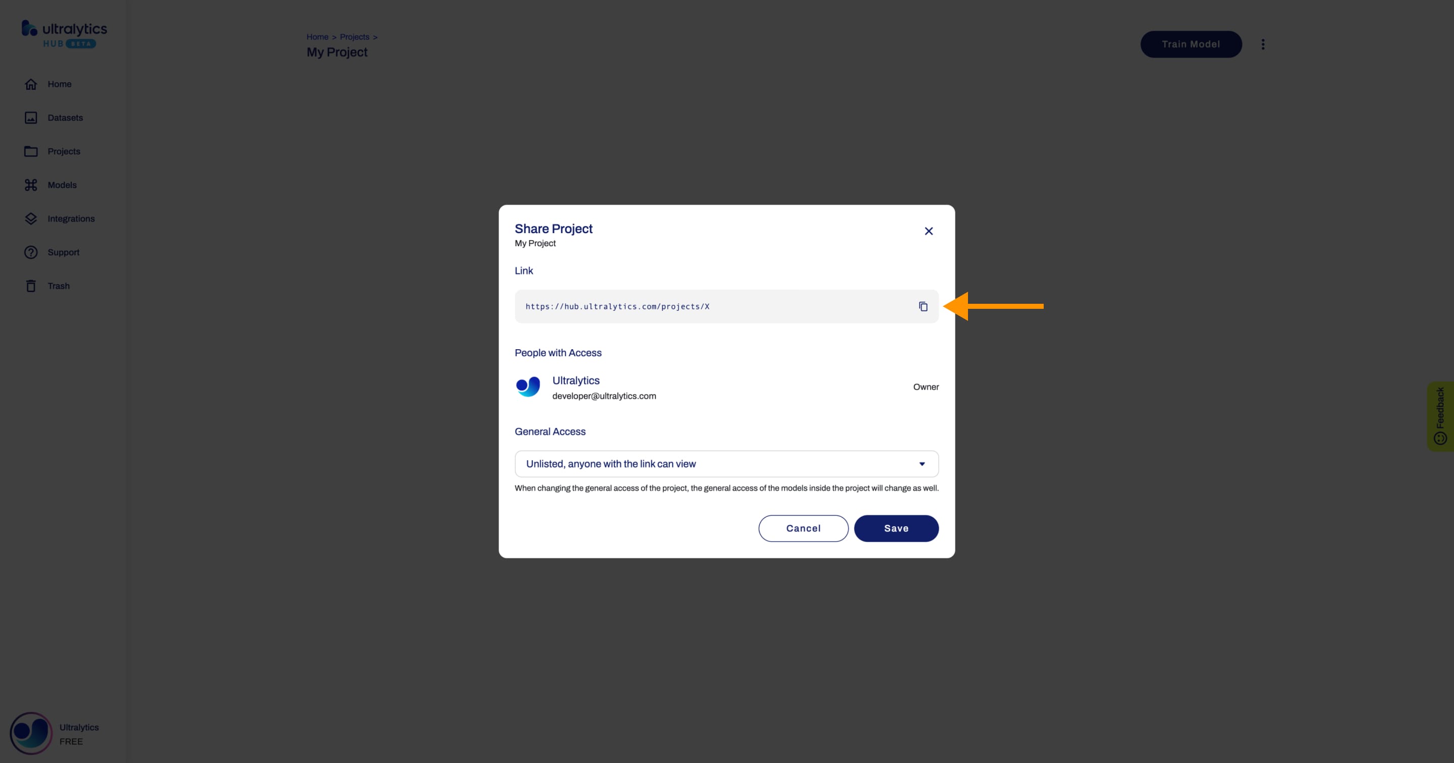 Ultralytics 프로젝트 링크를 가리키는 화살표가 있는 프로젝트 공유 대화 상자의 HUB 스크린샷