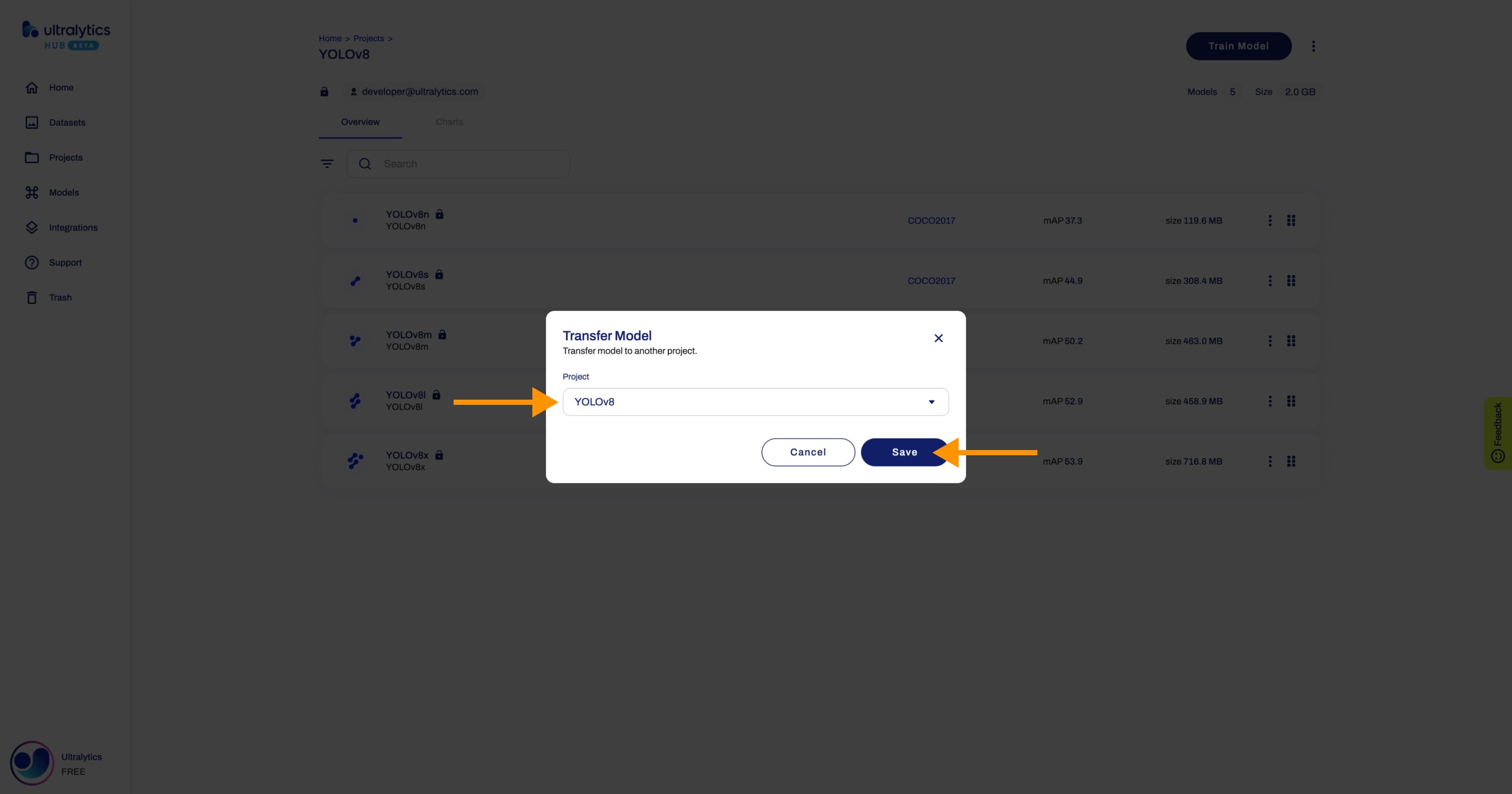 Ultralytics HUB screenshot of the Transfer Model dialog with an arrow pointing to the dropdown and one to the Save button