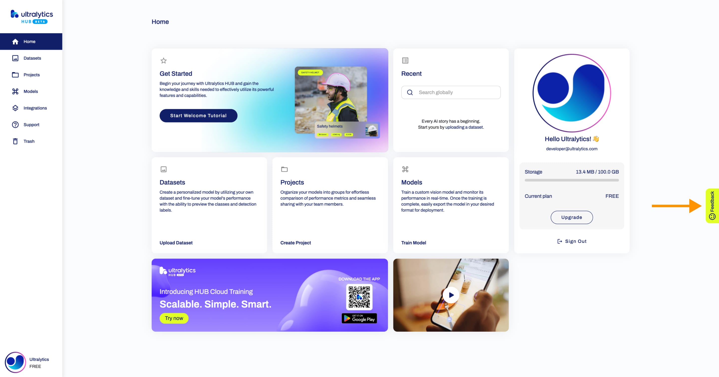 Ultralytics HUB screenshot of the Home page with an arrow pointing to the Feedback button