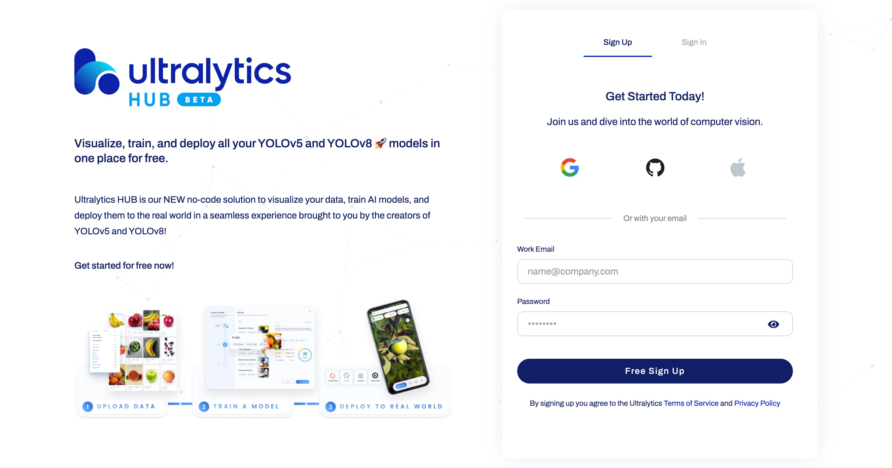 Ultralytics HUBのサインアップページのスクリーンショット
