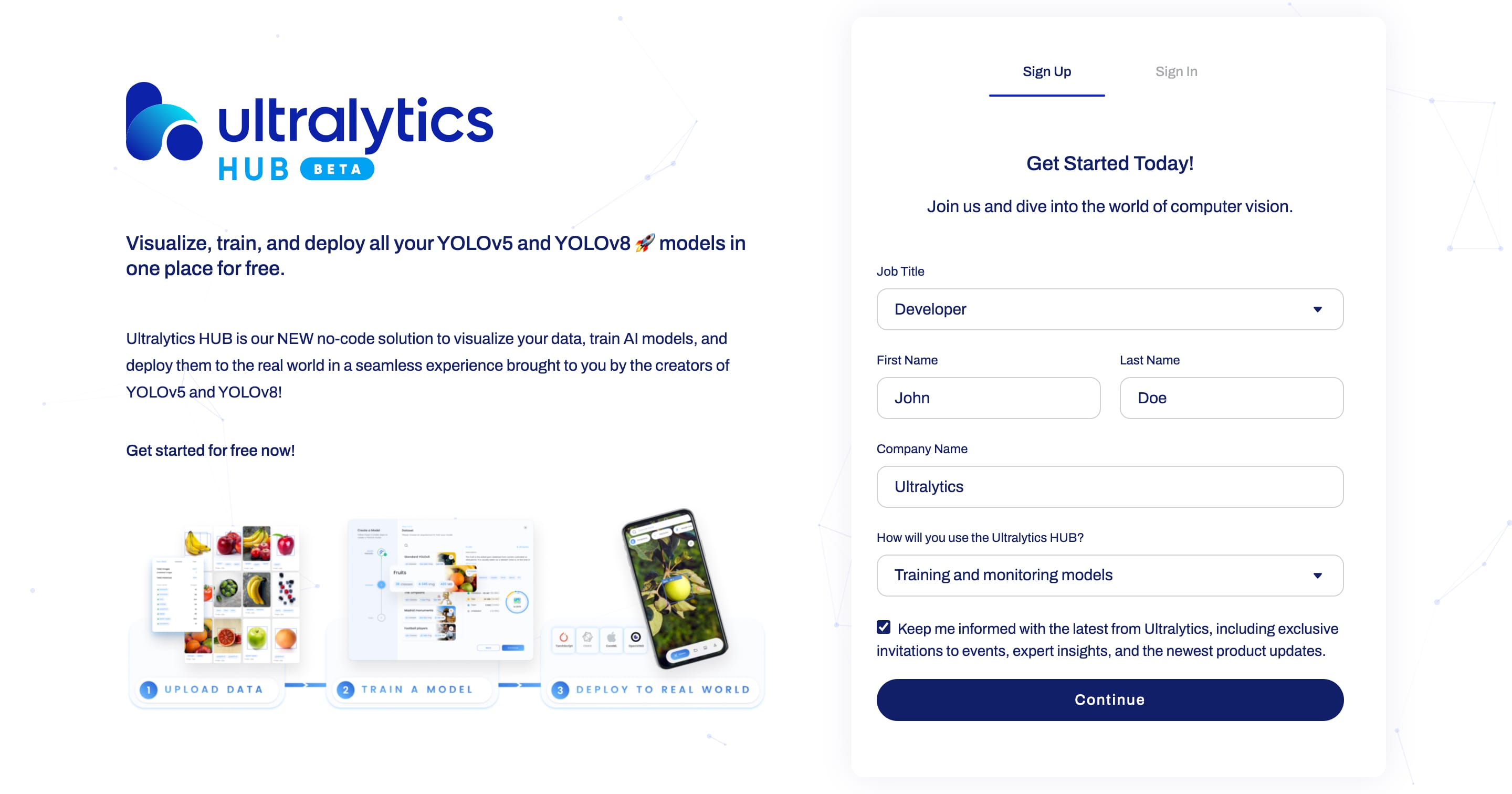 Ultralytics Schermata HUB del modulo di profilo della pagina di iscrizione