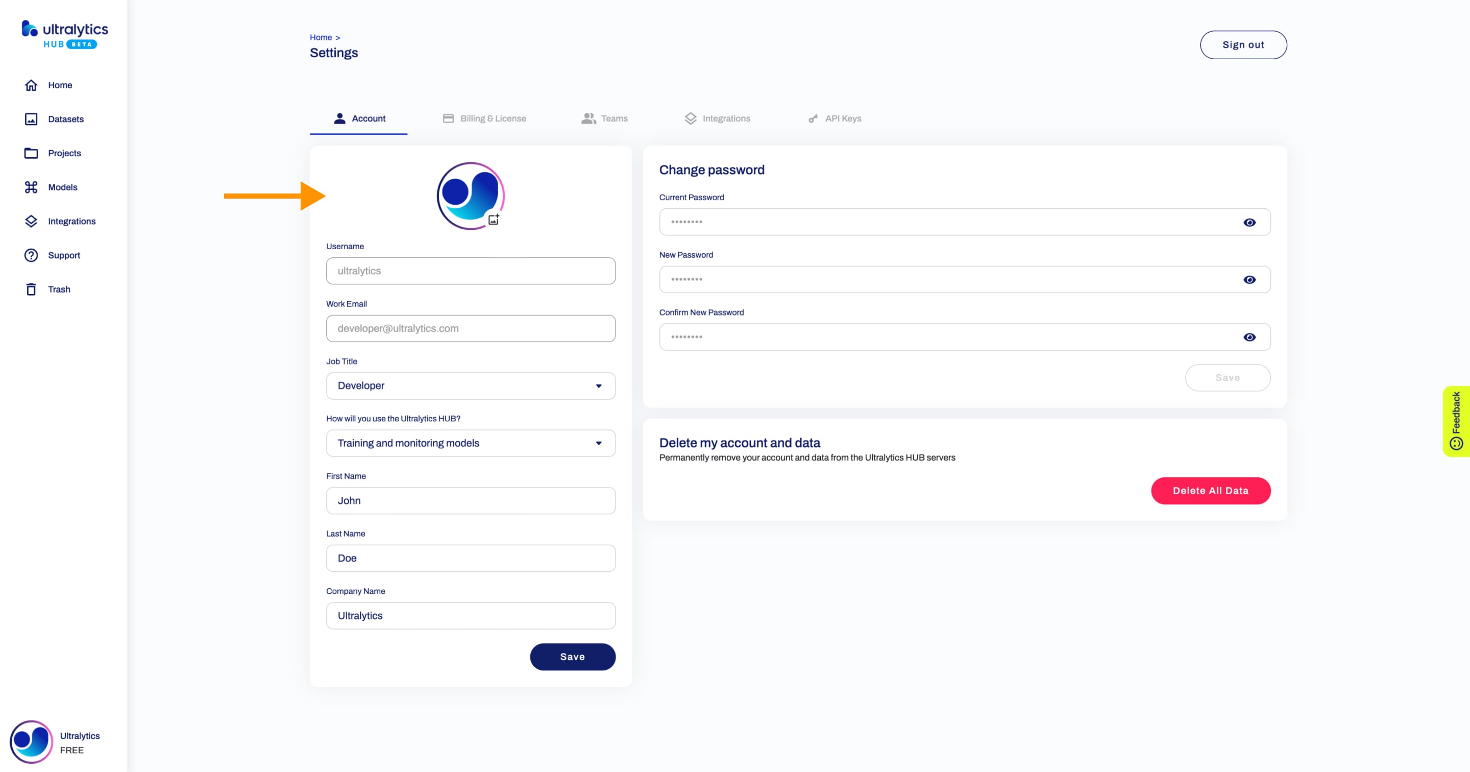 Ultralytics HUB-Screenshot der Seite Einstellungen Registerkarte Konto mit einem Pfeil, der auf die Karte Profil zeigt