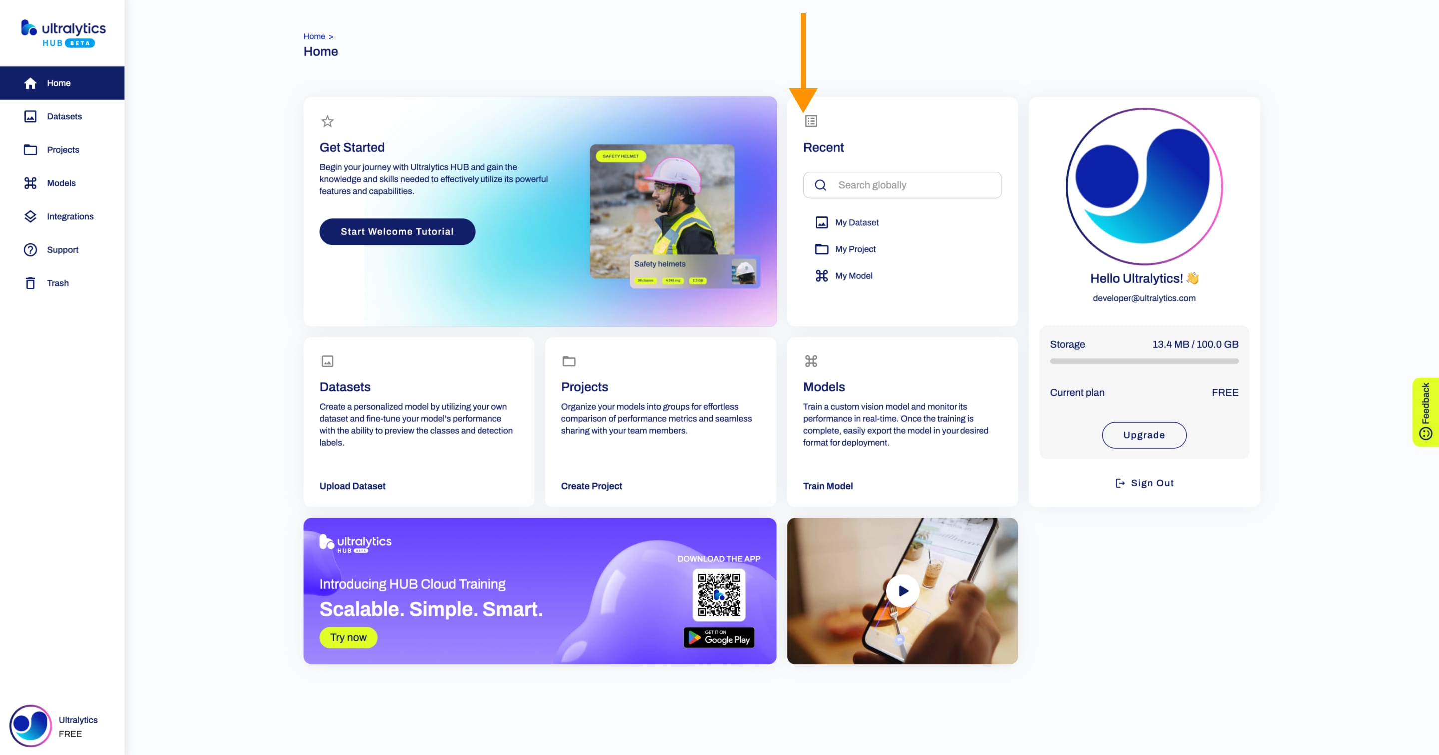 Ultralytics HUB screenshot of the Home page with an arrow pointing to the Recent card