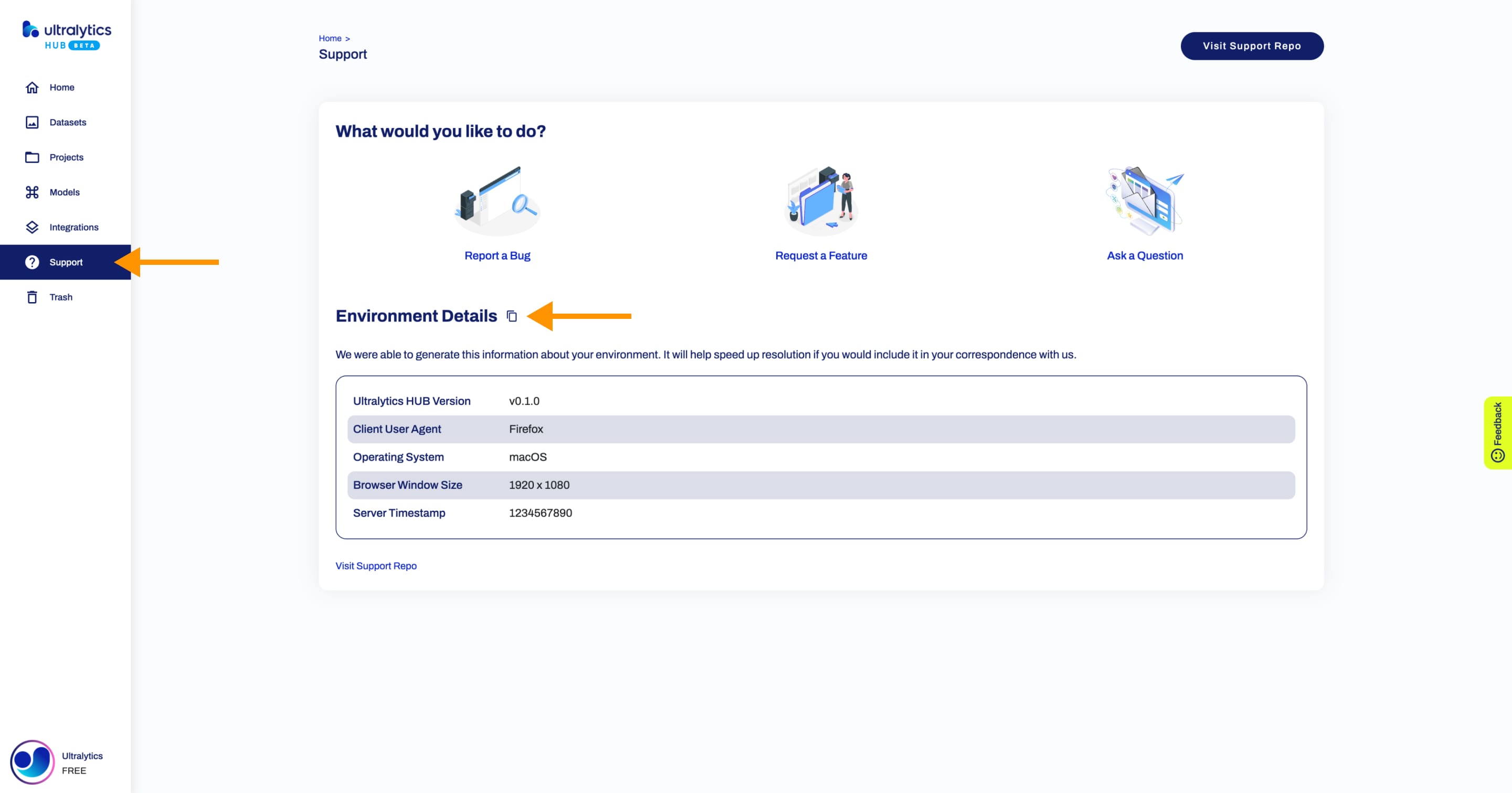 Ultralytics HUB-Screenshot der Support-Seite mit einem Pfeil, der auf die Schaltfläche "Support" in der Seitenleiste zeigt, und einem Pfeil, der auf die Schaltfläche "Umgebungsdetails kopieren" zeigt