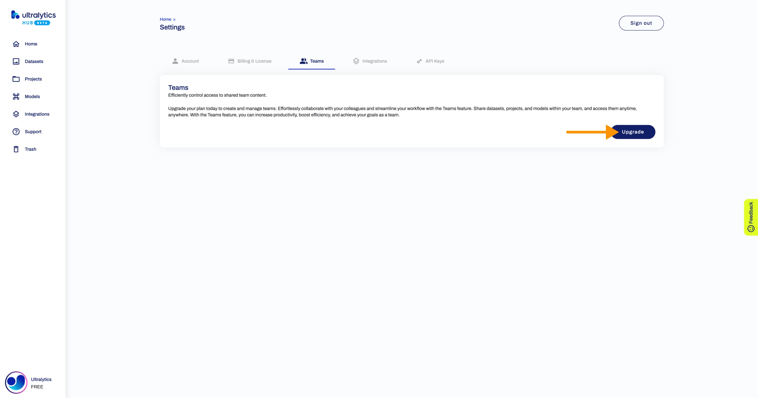 Ultralytics HUB screenshot of the Settings page Teams tab with an arrow pointing to the Upgrade button