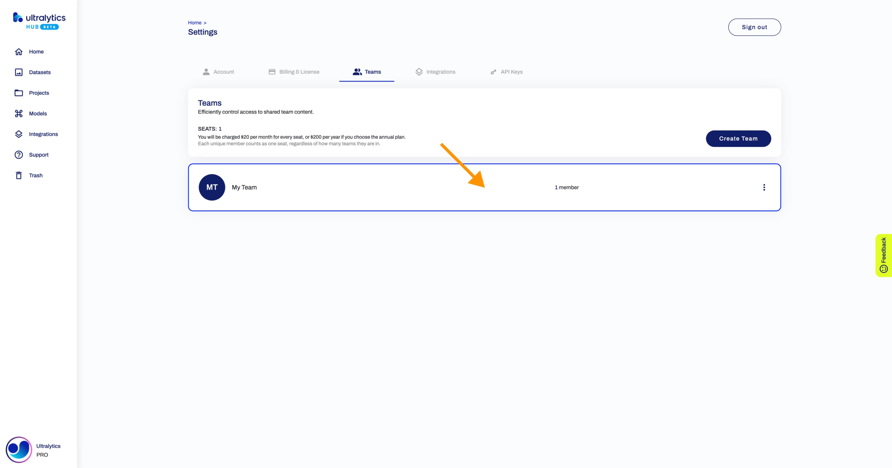 Ultralytics HUBのチームページのスクリーンショット。