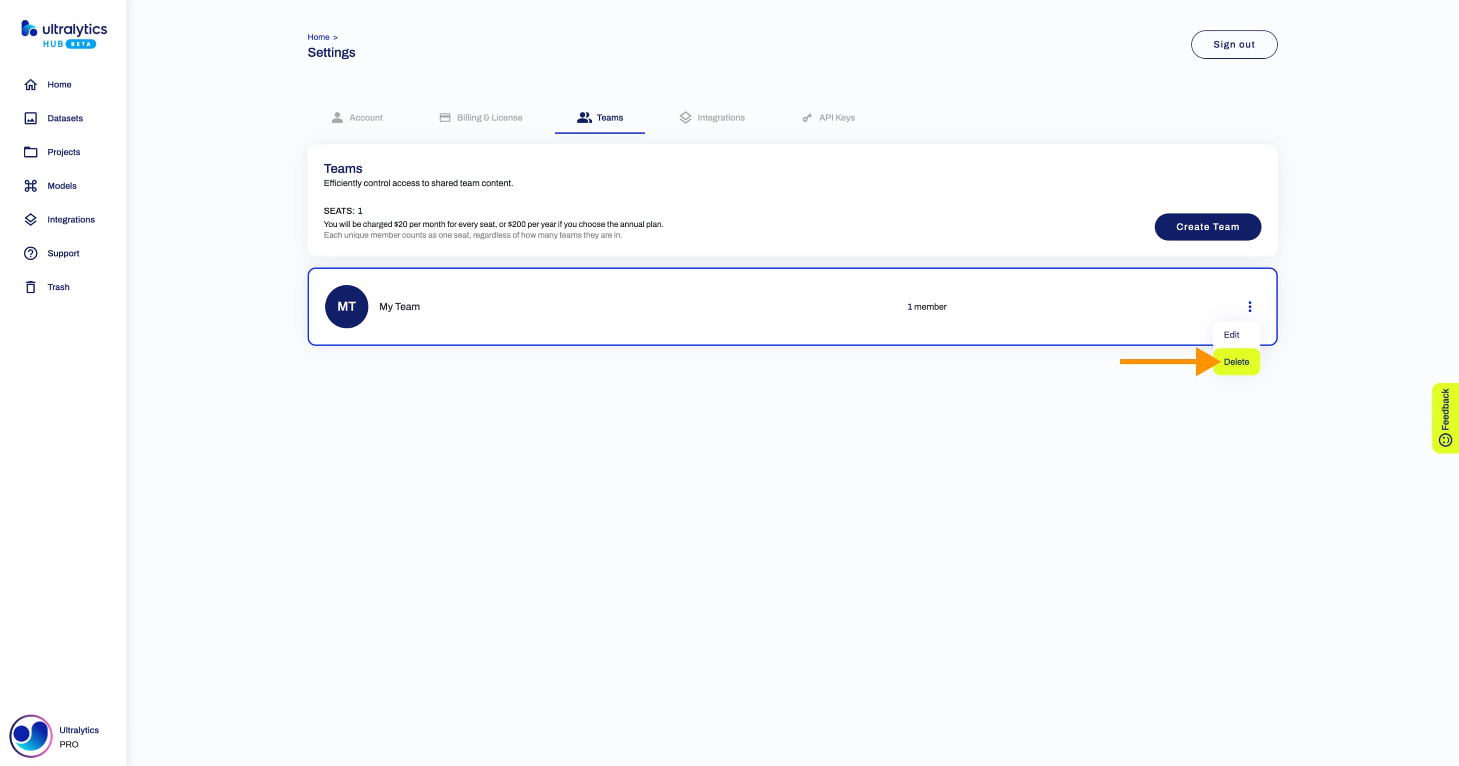 Ultralytics Captura de ecrã da página Equipas do HUB com uma seta a apontar para a opção Eliminar de uma das equipas