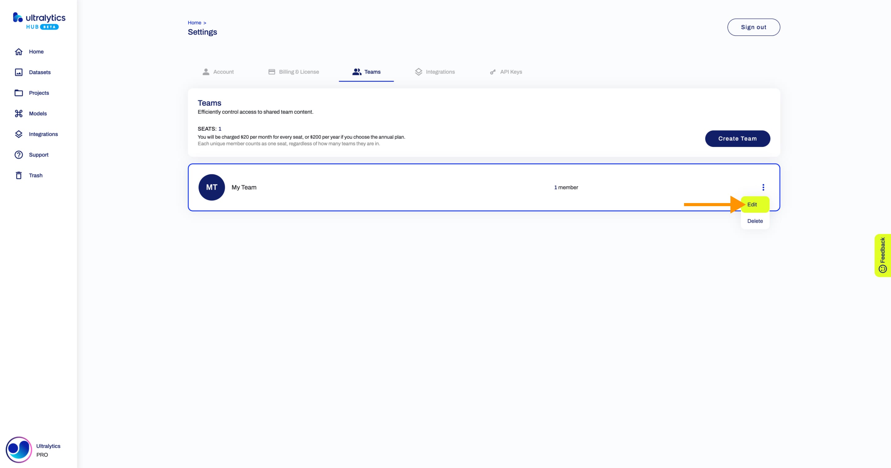 Ultralytics Captura de ecrã da página Equipas do HUB com uma seta a apontar para a opção Editar de uma das equipas