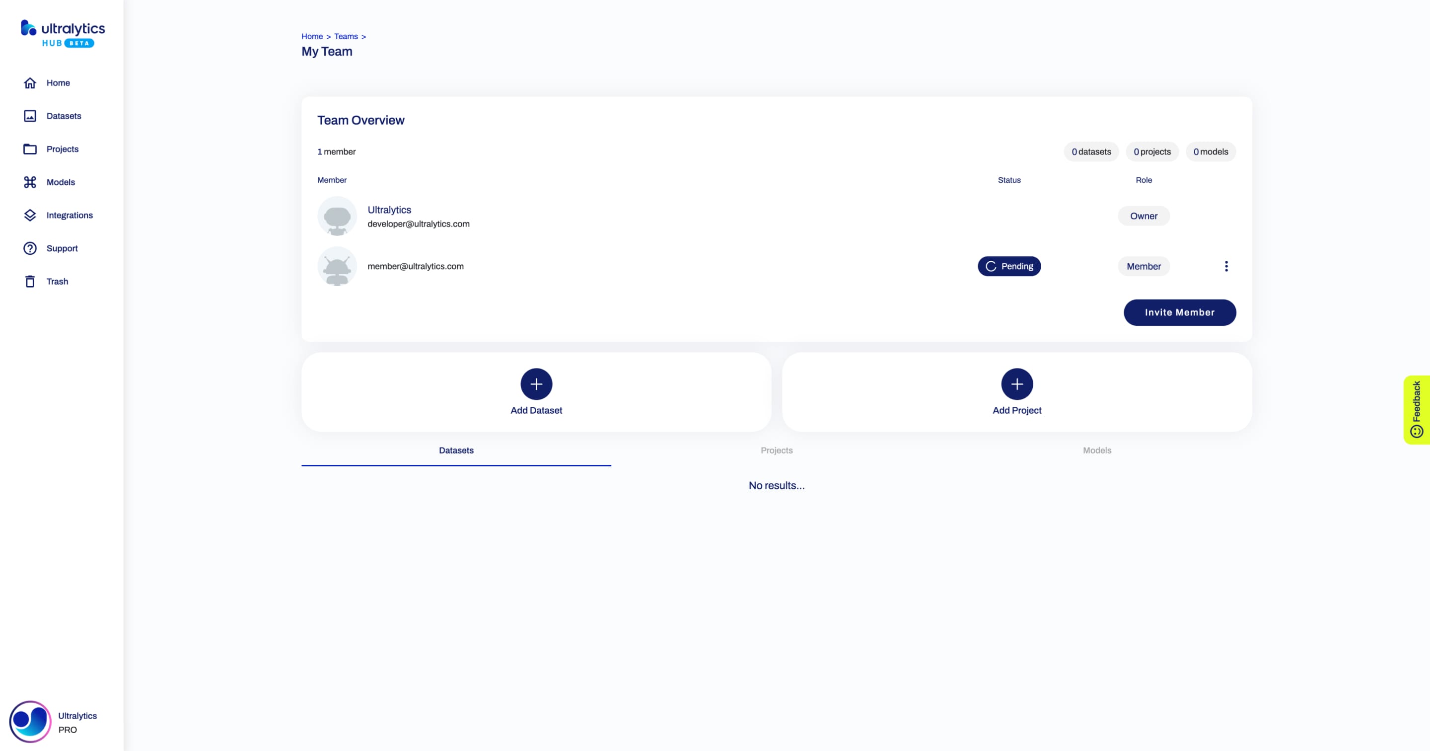 Ultralytics 新メンバーが招待されたチームページのHUBスクリーンショット