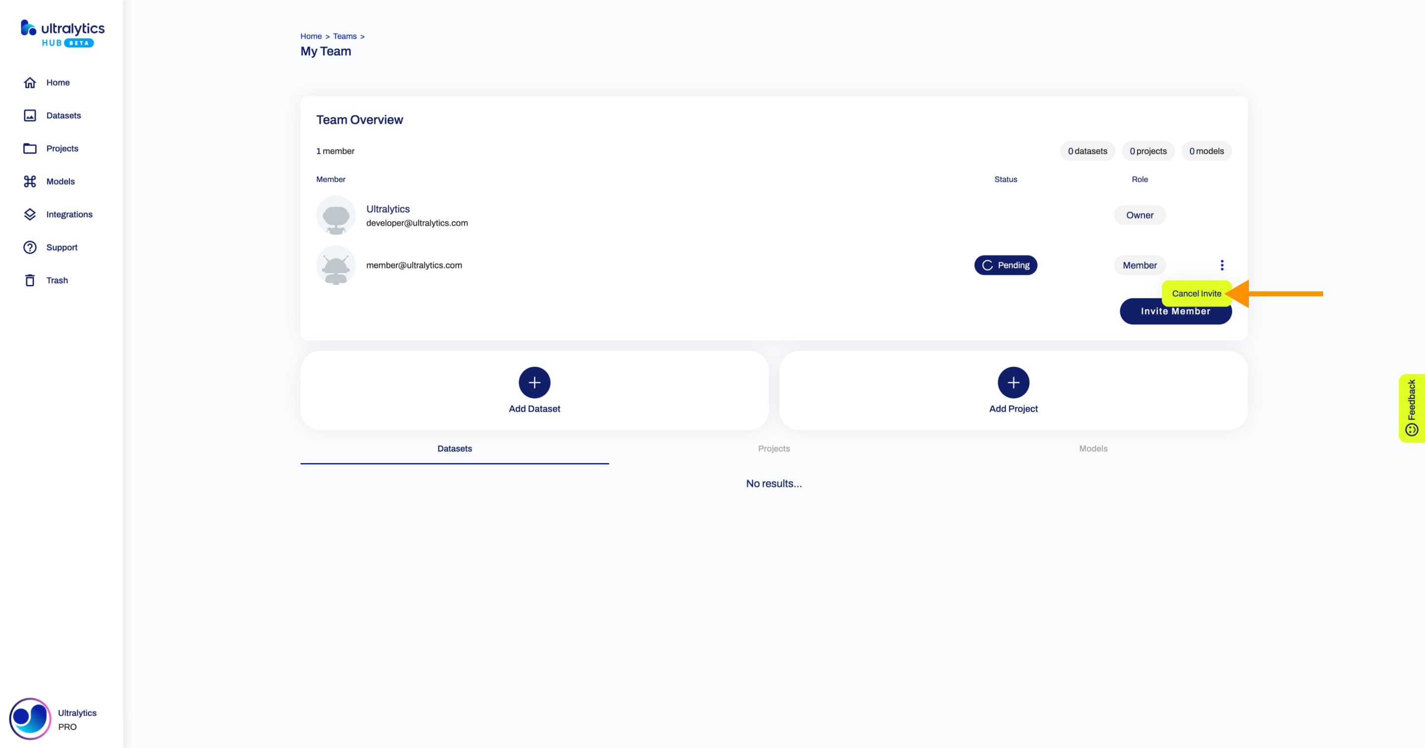 Ultralytics Captura de ecrã da página Equipa do HUB com uma seta a apontar para a opção Cancelar convite de um dos membros