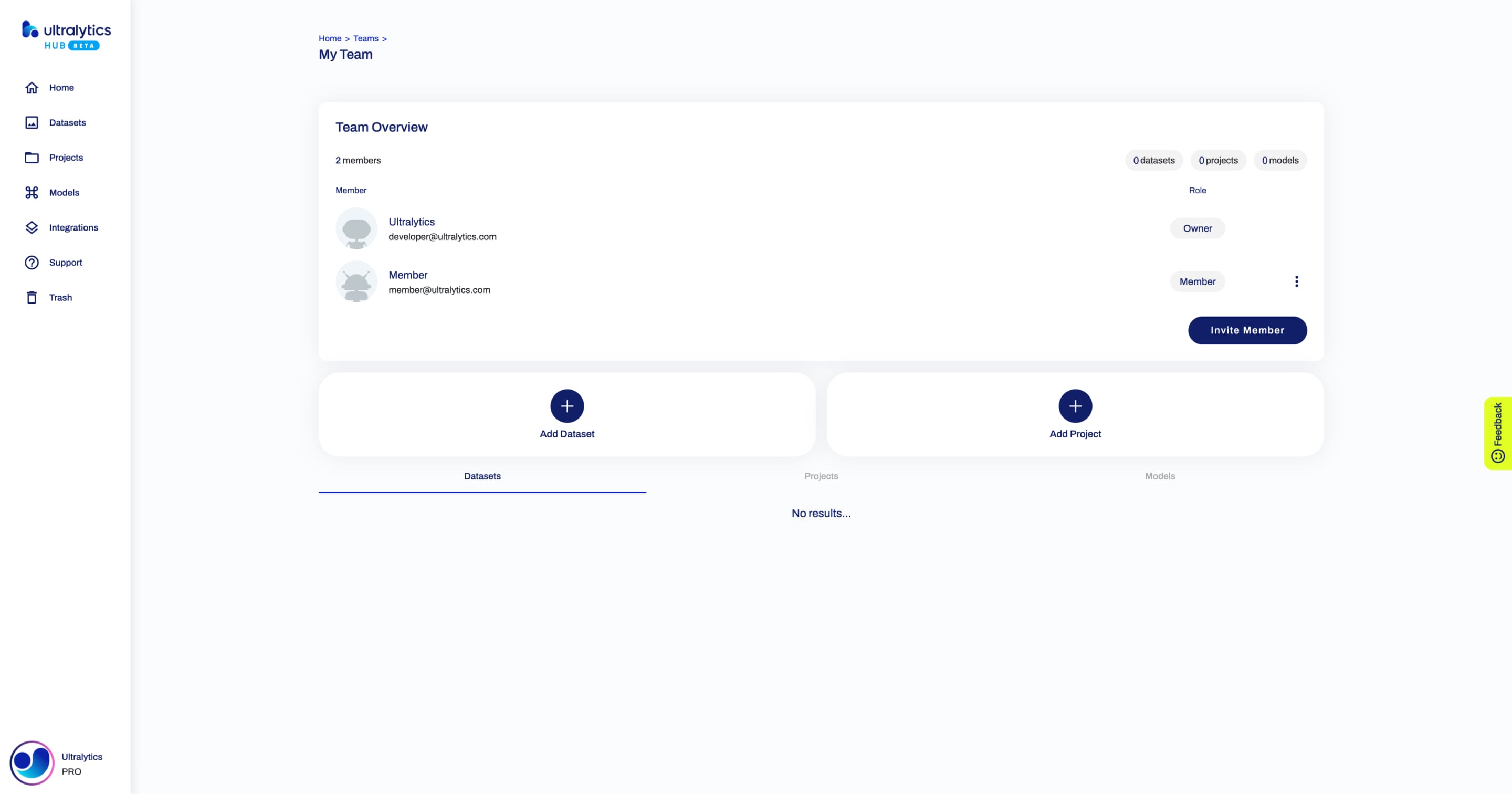 Ultralytics HUBのチームページのスクリーンショット。