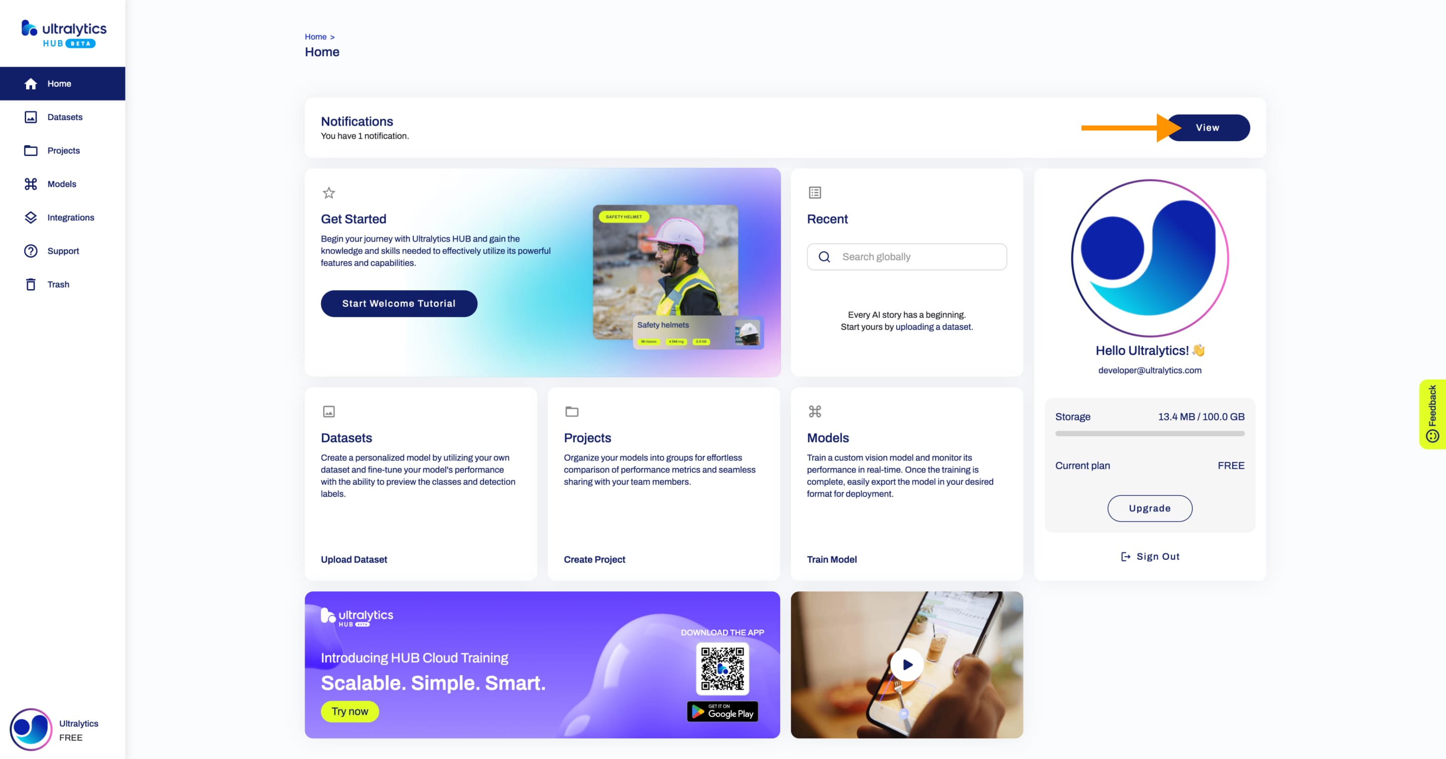 Ultralytics HUB screenshot of the Home page with an arrow pointing to the View button on the Notifications card