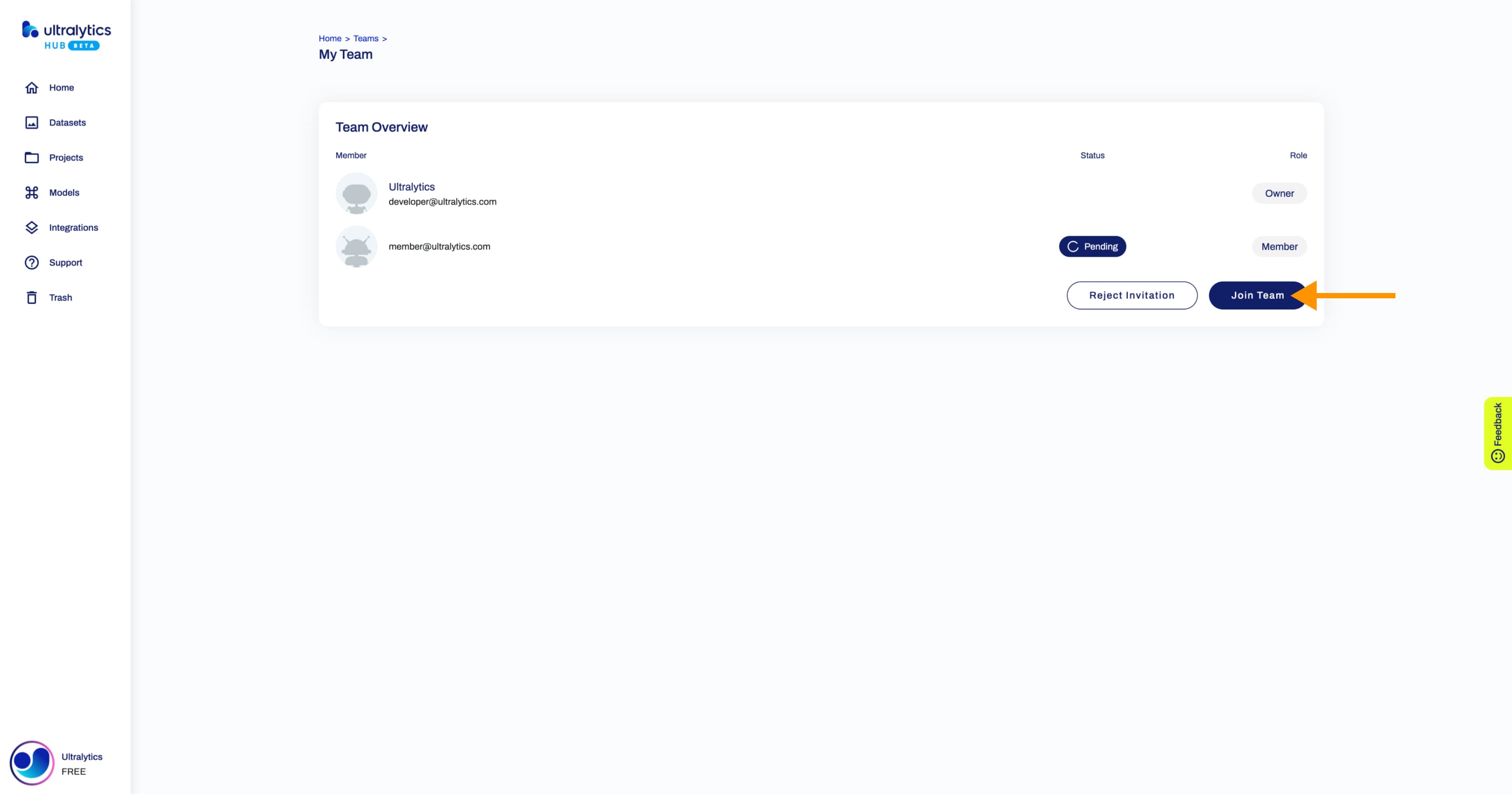 Ultralytics HUB screenshot of the Team page with an arrow pointing to the Join Team button