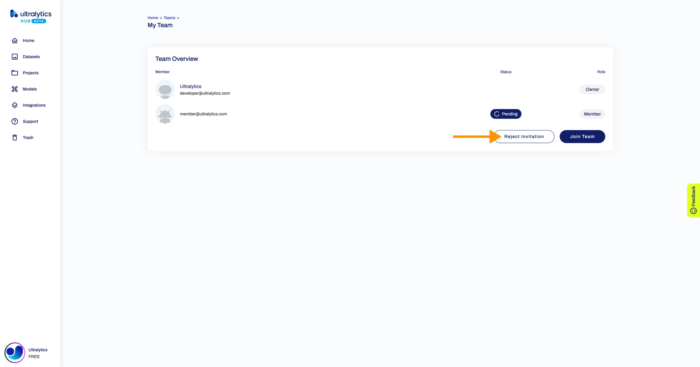 Ultralytics HUB screenshot of the Team page with an arrow pointing to the Reject Invitation button