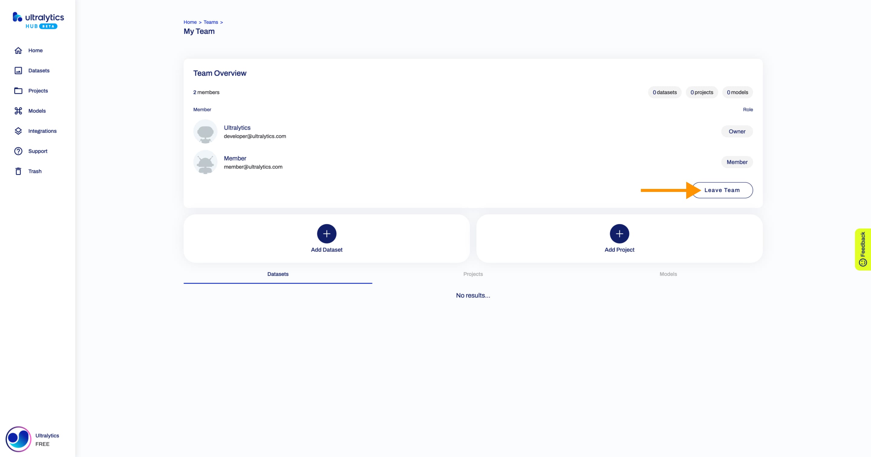 Ultralytics Schermata HUB della pagina Team con una freccia che indica il pulsante Lascia il team